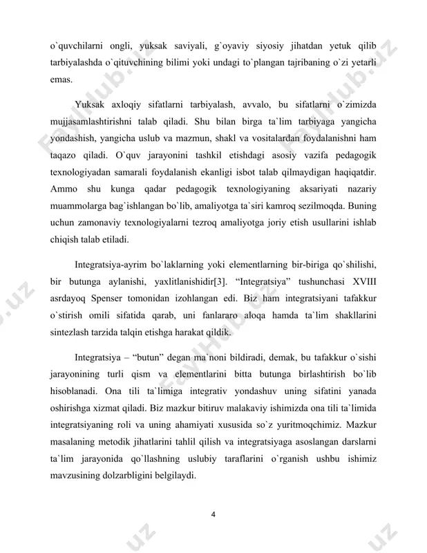 yuk britaniya ta`lim tizimida asosan integrativ fanlar joriy qilingan bo`lsa, koreya va shveysariyada integratsiyalashgan fanlar, vengriyada madaniyat yo`nalishidagi o`quv fanlari, irlandiyada fan va texnika kabi bloklarda barcha o`quv fanlari mujassamlashtirilgan holda o`qitiladi[4]. a. g`ulomov hamda h. ne`matovlar ta`kidlashicha, boshqa fanlardan olingan ma`lumotlardan foydalanib, o`quvchilarni nutq uslublari bilan tanishtirish imkoniyatiga ega bo`lmoq lozim. o`quvchilar badiiy uslubni adabiyot, ilmiy uslubni biologiya, kimyo, fizika, matematika, ish qog`ozlari uslubini huquq asoslari fanlaridan olingan materiallar asosida o`rganishlari zarur[5]. ta`lim samaradorligini oshirish uchun integratsiya holatidagi dastur va darsliklar yaratilishi lozim. pedagog u.musayev integratsiyaning quyidagicha turli darajalarini taklif etadi[6]. mavzularni ketma-ket taqdim etish asosidagi integratsiya; bunda o`quv materiallarini bayon qilishda konsentrizm prinsipiga amal qilinadi, ya`ni oldingi o`quv-materiali keyingisini to`ldiradi. integratsiya fanlarning mexanik birlashishi emas, bu sintez, yangi narsaning kelib chiqishi, kashfiyotdir. alohida sistemalarning yaqinlashishi, bog`lanishi va yagona bir yangi narsaning yaratilishidir. integratsiya – differensiatsiyaning aksi bo`lib, unga teskari bo`lgan jarayondir. uni quyidagi yo`nalishlarda tatbiq etish maqsadga muvofiq: …