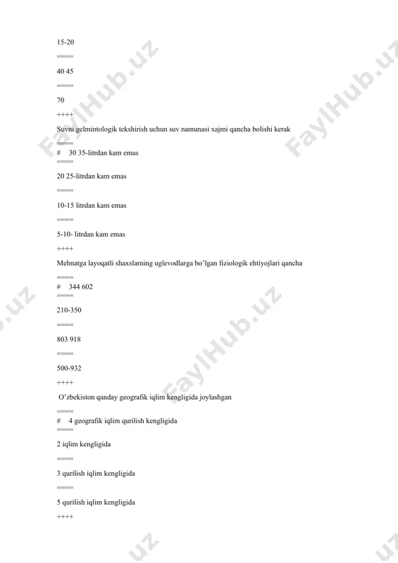 entlar bilan ifodalangan ==== vanadiy40 k, 48 sa, 87ru, 14 s, 3n radioaktiv elementlar bilan ifodalangan, uran oilasining radiaktiv izotoplar bilan, ++++ shaxsiy ovqatlanishning adekvatligini baholashning oxirgi 3 bosqichi nima hisoblanadi ==== # amaldagi ovqatlanishdagi hisoblangan korsatkichlarni oqilonaovqatlanishga bolgan gigienik talablar bilan taqqoslash, ovqatlanishning adekvatligi va undagi kamchiliklar bo’yicha xulosa, ovqatlanishning sifatini yaxshilash bo’yicha tavsiyalar berish ==== oqsil, yog, uglevodlarning nisbatini hisoblash, ratsionning umumiy energetik qiymatini hisoblash, ovqat ratsioniga ozgarishlar kiritilmaydi ==== ratsionning umumiy energetik qiymatini hisoblash, amaldagi ovqatlanishdagi hisoblangan korsatkichlarni oqilonaovqatlanishga bolgan gigienik talablar bilan taqqoslash, ==== ovqat ratsioniga ozgarishlar kiritilmaydi, ovqatlanishning adekvatligi va undagi kamchiliklar bo’yicha xulosa, ovqatlanishning sifatini yaxshilash bo’yicha tavsiyalar berish ++++ to’la qiymatli oqsillar nima ==== # aminokislotalarning barcha toplamini tutuvchi oqsillar ==== oliy navli undan tayyorlangan non tarkibidagi oqsillar ==== don ekinlarining oqsillari ==== yuqori tamli xossaga ega bolgan oqsillar ++++ go’shtning yangililigini aniqlashda qanday usuldan foydalaniladi ==== # ammiakning miqdorini aniqlash ==== trixinellalarning …