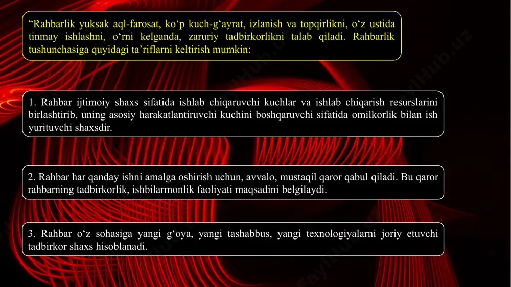 ga ta’sirchan munosabatda bo‘lish uchun mohir va moslashuvchan bo‘lishi kerak, ya’ni strategik boshqaruv usullarini o‘zlashtirishi kerak. 7. an’anaviy ierarxik munosabatlardagi qiyinchiliklar tufayli samarali boshqarish to‘g‘ridan-to‘g‘ri buyruqlarga murojaat qilmasdan, odamlarga ta’sir o‘tkazish qobiliyatlaridan foydalanishni talab qiladi. 8. ko‘plab an’anaviy boshqaruv usullari o‘z imkoniyatlarini tugatganligi tufayli, yangi, zamonaviy boshqaruv uslublari talab qilinadi. ularning bo‘ysunuvchilariga nisbatan turli xil yondashuvlarni o‘zlashtirish kerak. 9. rahbar tezda ixtirochi va ishda samarali bo‘la oladigan jamoalarni tuzishi va takomillashtirishi kerak. 5 bundan tashaqari doimo rahbar shaxs qo‘l ostidagilarga o‘rnak bo‘lishi darkor. shuning uchun ham albert eynshteyn bejiz “kishilarni nimagadir o‘rgatishning eng ma’qul usuli-ularga o‘rnak bo‘lish”, - demagan. “har bir rahbar faoliyat mezoni - bu xalqning orzu-umidlarini o‘zi uchun asosiy maqsad qilib, ularni izchil ro‘yobga chiqarishdan iborat”, - degan edi prezidentimiz shavkat mirziyoyev. 6 с в ю з dizayn estetikasi bajardi: qayumova umida шаблон для учащихся, помогающий подготовить экскурсию в определенное место для представления другим учащимся. содержит указания для …
