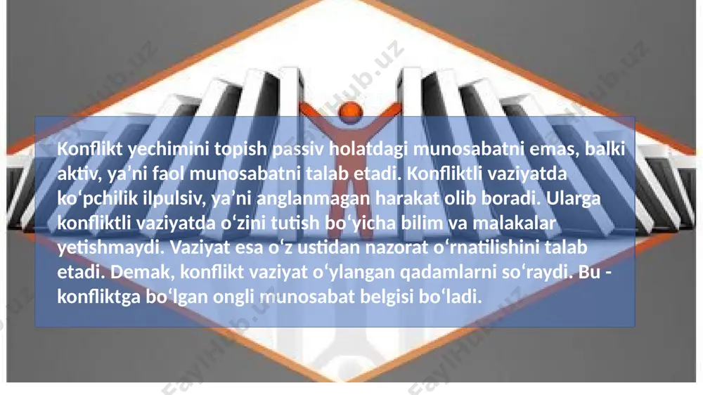 asos bo‘ladi. shu bois, har qanday konflikt zo‘ravonlik bilan tugaydi deb o‘ylash, noto‘g‘ridir. har bir konfliktning o‘z g‘olibi va o‘z mag‘lubi bo‘ladi. noto‘g‘ri va stereotip qarash. ziddiyatda ko‘pchilik g‘olib bo‘lmoqchi bo‘ladi. shuningdek, ko‘pchilik, konfliktda bir tomon – g‘olib, ikkinchi tomon – mag‘lub bo‘ladi, degan xato qarashni ushlab olgan. mana shu xato qarash odamlarni chalg‘itib qo‘yadi. hech kim “men mag‘lub bo‘ldim”, degisi kelmaydi, yutib chiqqisi keladi. shuning uchun, real hayotda ko‘pchilik, har bir inson ziddiyat ichida g‘olib bo‘lish uchun harakat qilishi kerak, deb o‘ylashadi. bu holat konfliktning ichki mazmunini noto‘g‘ri anglashdan kelib chiqadi. agar odamlar konflikt qarama-qarshiligi faqat g‘oliblik asosida yechilmasligini bilsalar, ular g‘olib bo‘lishga intilmay qoladilar. haqiqat shundaki, har qanday konflikt - g‘olib va mag‘lubga ega bo‘lavermaydi. agar siz konflikt yechimiga «sen menga qarshisan» shiori bilan munosabatda bo‘lsangiz, albatta, ikkinchi tomonga qat’iy qarshilik bildirish uchun asos yaratiladi. u tomon ham o‘z o‘rnida “sen menga qarshisan” qabilida munosabat bildiradi aslida, ikkala …