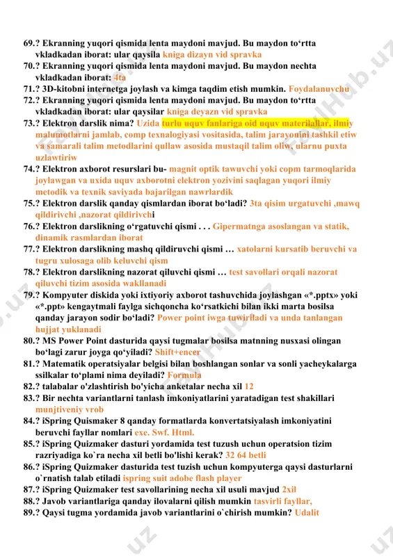 nketa tuziw 54. ? ispring talksmaster vazifasi fialog yaratiw 55. ? ispring audio-video editor vazifasi audio va vedio fayllari bn iwlaw va tahrirlaw 56. ? ispring screen recording komp ekrandagi jarayonni tasvirga oliw 57. ? ispring quizmaker8 dasturida bloklash testining nechta turi mavjud 11ta 58. ? ispring quizmarker qanday imkonni beradi savollarni barcha turi iwlatilgan xolda aralaw testlari tuziw 59. ? oynaning interaktivnost bo’limida qaysi tugma aktivlashtirilganda ispring visuals 8 dasturining 3d-kitob yaratish oynasi ochiladi? kniga 60. ? ispring visuals 8 dasturining 3d-kitob yaratish oynasi ochilganda qaysi menyular mavjud bo’ladi? kniga, dizayn ,vid, spravka 61. ? kitob nashr uchun tayyor bo’lganidan so’ng qaysi tugma bosiladi? publikatsiya 62. ? 3d kitob yaratish uchun ispring suite-ning qaysi qismidan foydalanish mumkin? interaktivnos 63. ? 3d kitobni nashr qilish uchun ispring dasturining qaysi blokidan foydalanish mumkin? publikatsiya 64. ? 3d kitobim dizaynini qaysi ispring menyusidan o'zgartirishim mumkin?dizayn 65. ? interaktivnosti qismida necha turdagi interaktiv …