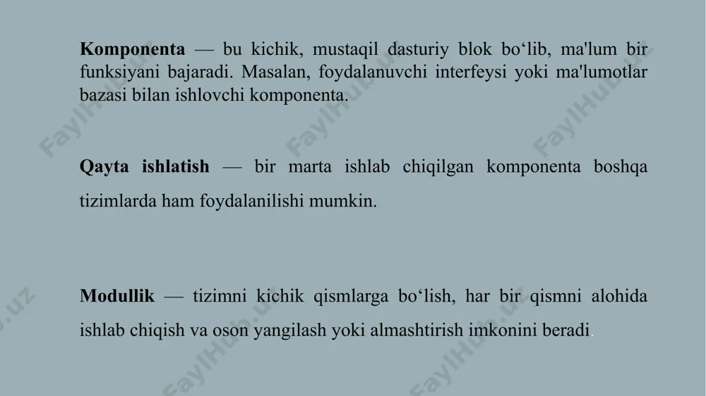 os keladi. umuman olganda, cbse dasturiy injiniringni yangi bosqichga olib chiqib, tezkor va ishonchli dasturiy yechimlarni ishlab chiqishga zamin yaratadi. kelajakda bu yondashuv texnologik taraqqiyot bilan birga yanada rivojlanishi va dasturiy ta’minot sohasida muhim o‘rin egallashi kutilmoqda. /docprops/thumbnail.jpeg