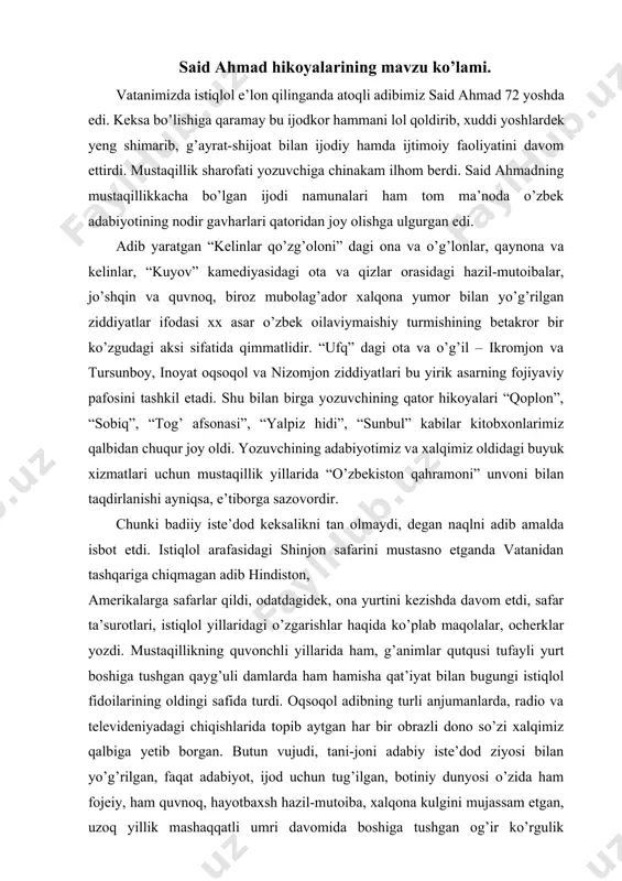 agi buyuk xizmatlari uchun mustaqillik yillarida “o’zbekiston qahramoni” unvoni bilan taqdirlanishi ayniqsa, e’tiborga sazovordir. chunki badiiy iste’dod keksalikni tan olmaydi, degan naqlni adib amalda isbot etdi. istiqlol arafasidagi shinjon safarini mustasno etganda vatanidan tashqariga chiqmagan adib hindiston, amerikalarga safarlar qildi, odatdagidek, ona yurtini kezishda davom etdi, safar ta’surotlari, istiqlol yillaridagi o’zgarishlar haqida ko’plab maqolalar, ocherklar yozdi. mustaqillikning quvonchli yillarida ham, g’animlar qutqusi tufayli yurt boshiga tushgan qayg’uli damlarda ham hamisha qat’iyat bilan bugungi istiqlol fidoilarining oldingi safida turdi. oqsoqol adibning turli anjumanlarda, radio va televideniyadagi chiqishlarida topib aytgan har bir obrazli dono so’zi xalqimiz qalbiga yetib borgan. butun vujudi, tani-joni adabiy iste’dod ziyosi bilan yo’g’rilgan, faqat adabiyot, ijod uchun tug’ilgan, botiniy dunyosi o’zida ham fojeiy, ham quvnoq, hayotbaxsh hazil-mutoiba, xalqona kulgini mujassam etgan, uzoq yillik mashaqqatli umri davomida boshiga tushgan og’ir ko’rgulik asoratlarini, misilsiz fojialarni, judolik, yolg’izlik istiroblarini hazil-kulgi bilan o’tgan, bu alloma zot xx sar o’zbek adabiyotida noyob hodisadir. …