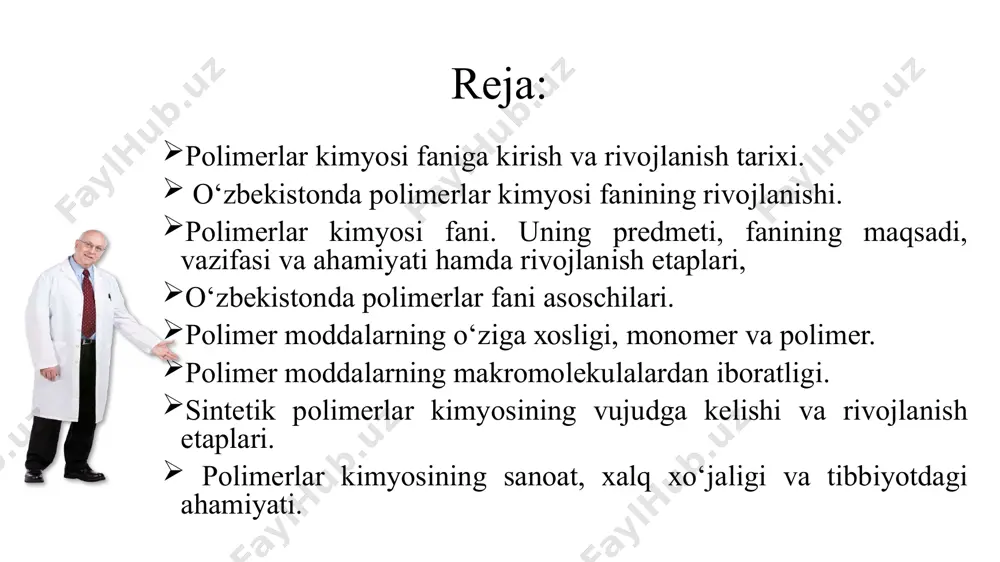 o‘lishgan.. 1835 yilda renye* vinil xloridning yorug’lik ta’sirida oddiy quyi molekulyar birikmalardan keskin farqlanuvchi moddaga aylanishini kashf qildi. keyinchalik bu natija polimer moddalar sintezining birinchilardan ekanligi tan olindi. polimer atamasi birinchi marta 1833 yilda berselius tomonidan kiritilib, u birxil tarkibli, ammo har xil molekulyar massali moddalarga xos ekanligi ko’rsatildi. keyinchalik bunday polimerlar polimergomologlar deb atalaboshladi. asr so’nggida polimerlanish reaksiyasini organik birikmalar sintezi sohasidagi alohida hodisa emas, balki alohida o’ziga xos reaksiyalardan biri deb qarala boshlandi. 1870 yilda a.m.butlerov* dimetilvinil efirining polimerlanish reaksiyasini ko’rsatib berdi. 1880 yilda kalbaum, so’ngra 1883 yilda veger akril kislotasining metil, etil, propil va allil efirlari polimerlanishini e’lon qildilar. xuddi shu davrda vislisenus** viniletil efiri, a.p.eltekov*** va a.ye favorskiy**** qator oddiy efirlar polimerlanishini amalga oshirdilar. pоlimerlаr kimyosi fаniga kirish vа rivоjlаnish tarixi. organik polimer birikmalar sintezi nafaqat polimerlanish, balki funksional guruhlarning reaksiyaga kirishishi tufayli ham amalga oshirilishi mumkinligi ko’rsatildi. bunday reaksiyalarni birinchilardan bo’lib amalga oshirgan vyurs (1863 …