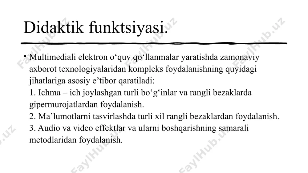 nchalik va mekansal to‘siqlarni bartaraf etish qobiliyatidir. elektron kitoblarni yaratish ta’lim tizimiga cd – rom va multimedia texnologiyalarining keng joriy qilinishi, elektron o‘quv adabiyotlarining ishlab chiqilishiga va ularning ta’lim - tarbiyada samarali qo‘llanishiga katta imkoniyatlar yaratish jarayonidan iborat bo‘ladi. elektron kitoblar to‘rtta yo‘nalishdan iborat bo‘ladi. ular: qomusiy; ma’lumot beruvchi; o‘qituvchi; imtihon oluvchi. elektron kitoblar axborot turlari va ularni foydalanuvchiga etkazib berish bilan shug‘ullanadi. bunda multimediali kitoblar – bu axborotlarni bitta axborot tashuvchi vositasiga jamlagan bo‘lib, u matnli, ovozli, statik, dinamik va videotasvirli ma’lumotlardan tashkil topgan bo‘ladi. yarimmedia kitoblar – bu multimedia kitoblardan farqli ravishda ma’lumotlarni etkazib berishda turli vositalarning kombinatsiyasidan foydalanuvchi kitoblar. gipermedia kitoblar – bu multimediali kitoblarning takomillashgan shakli bo‘lib, bunda foydalanuvchi asosiy matndan tashqari turli qo‘shimcha manbalarga ham (sharhlarga, atamalarning izohlariga, tuzatishlariga) murojaat qilishi mumkin. intellektual kitoblar – bu imtihon oluvchi kitoblarga o‘xshash bo‘lib, bunda ta’lim oluvchilarning qobiliyatlari, bilim darajalari maxsus testlar yordamida ularning kompyuter bilan muloqot jarayonida …