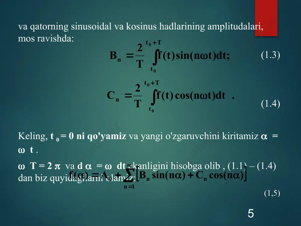 mumkin . juft funksiyalarning muhim xususiyati shundaki, ~ n koeffitsientlarini aniqlash f ( a ) egri chizig'idan foydalanish kifoya. yarim davr uchun, ya'ni. ( 1,13 ) 13 bu tenglikdan kelib chiqadi birinchi integraldagi a - a bilan almashtirilsin va (1.13) beradi. 2. f ( a ) funksiya koordinata boshiga nisbatan simmetrik (1.4-rasm), ya’ni f ( a ) = - f (- a ). 14 a f ( a ) –2p _ 2p _ 0 1.4-rasm toq deb ataladi . doimiy komponent va kosinus komponentlari bu shartni qanoatlantirmaganligi sababli, bu turdagi simmetriya uchun kengayishda doimiy komponent va kosinus komponentlari mavjud emas. ya'ni g'alati funktsiya faqat sinusoidlarni o'z ichiga olishi mumkin . bu holda, avvalgidek, b n koeffitsientlarini aniqlash yarim davr uchun f ( a ) egri chizig'idan foydalanish kifoya , ya'ni. (1.14) 15 3. ikki yarim sikl vaqt bo'yicha birlashganda f( a ) funksiya abscissa o'qiga nisbatan simmetrik bo'ladi (1.5-rasm), ya'ni …