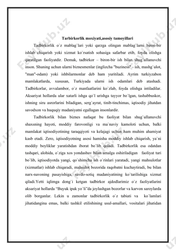 moqda. hozirgi kunda respublikamizda tadbirkorlar yangi ijtimoiy qatlam va sinf sifatida shakllanmoqda. tadbirkorlar erkin bozor iqtisodiyotiga tayangan demokratik jamiyatdagi o`z biznesiga, mulkiga ega bo`lib bormoqdalar. shu o`rinda tabiiy savol tug`iladi: nima uchun hozirgi sharoitda respublikamizda kichik va o`rta biznesni qo`llab-quvvatlash hamda rivojlantirishga katta ahamiyat berilyapti? buning sababi shundaki, kichik va o`rta biznes kam investitsiya (ya`ni kam mablag`) talab qilib, tez ijobiy natija berishi bilan ajralib turadi. bunda qo`shimcha ish joylari yaratiladi, bozorbop mahsulotlar ishlab chiqariladi hamda davlat byudjetiga ko`proq soliqlar tushishi ta`minlanadi. har qanday odam ham tadbirkor bo`lishi mumkinmi? – degan savolga quyidagicha javob berish mumkin: o`z ishiga fidoiylik, mehnatsevarlik, chuqur fikrlash va dunyoqarashning kengligi, doimo o`zgarib turadigan sharoitda ishlash uchun moslashuvchanlik, uddaburonlik, bilimdonlik, halollik, bozor talabini yaxshi o`zlashtirib olish kabi fazilatlarga ega bo`lgan kishidan omadli va yaxshi tadbirkor chiqadi. tadbirkorlik va biznes, avvalo, mamlakatning o`zidagi ishlab chiqarishga, undagi xomashyo, moddiy va boshqa resurslarga tayanmog`i lozim. har holda bu qoida …