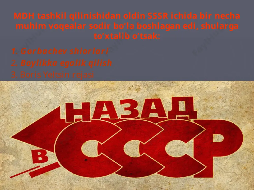 ali amalga oshiriladi; • mdh davlat ham emas, davlatlar ustidagi tuzilma ham emas; • xalqaro strategik barqarorlikni va havfsizlikni ta'minlash maqsadida harbiy-strategik kuchlarning birlashgan qo'mondonligi va yadro quroli ustidan yagona nazorat saqlab qolinadi; • mdh ochiqdir, uning barcha a'zolari roziligi bilan sobiq sssr ning a'zolari va boshqa davlatlar ham unga qo'shilishi mumkin; • umumiy iqtisodiy makonni, umumiy bozorni vujudga keltirishda va rivojlantirishda hamkorlik qilishga sodiqlik tasdiqlanadi; • mdhning tuzilishi bilan sssrning mavjudligi to'xtatiladi; • hamdo'stlik qatnashchilari o'z konstitutsiyalaridagi tartib, qoi-dalarga binoan sobiq sssr ning shartnomalari va bitimlaridan kelib chiqadigan xalqaro majburiyatlarini bajarilishiga kafolat beradilar; • mdh qatnashchilari mazkur deklaratsiya qoidalariga rioya etish majburiyatini oladilar. mdh kengashlarini tayyorlash bo'yicha ishchi guruhini tuzish to'g'risida protokol imzolandi. shu tariqa, mustaqil davlatlar hamdo'stligi tashkil topdi. mdh tashkil etilgan ilk yillarda, asosan tashkiliy masalalar ko‘rib chiqildi. o‘sha yilning 30 dekabr kuni davlat rahbarlarining minskdagi uchrashuvida tashkilotning oliy organi bo‘lmish «davlat rahbarlari kengashi va hukumat rahbarlari …