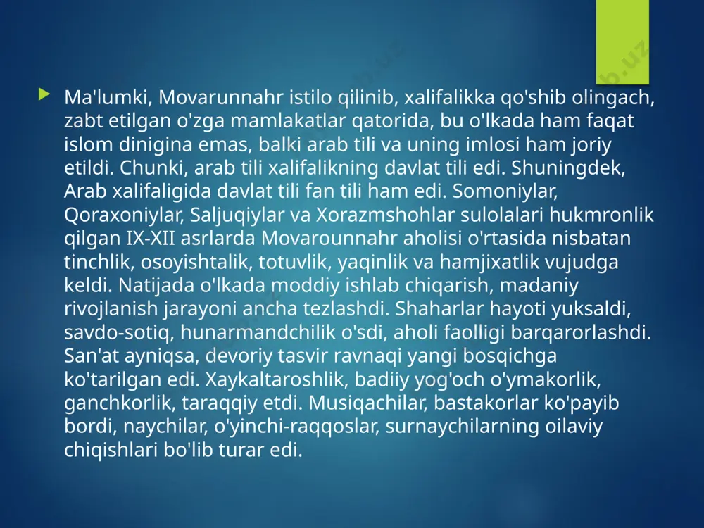 xorazmiy" nomi "algoritm" shaklida fanda muhrlanib qoldi. olim geografiga oid "kitob surat al-arz" kitobi, astronomiyaga oid "zij", tarixga oid "kitob at-tarix" (tarix kitob) asarlari. al- xorazmiyning arab ilmiy dunyosining yirik markazi -bag'doddagi ma'mun akademiyasida ishlagan davrlari uning istedodining eng barq urgan davrlari bo'ldi. u shu akademiyaning rahbari sifatida ilm ahliga ibrat ko'rsatdi. al-farg'oniy (798-865) dastlabkilardan biri bo'lib, yer shari xaritasini tuzgan, uning ..dagi rasadxonada ishlab yer meridiani bir darajasining uzunligini o'lchagan. nil daryosi suvi sathini belgilovchi asbobni yaratish kabi kashfiyotlari jahonga mashhur bo'ldi. olim yilning yozda eng uzun kunini (22 iyun), qishda eng qisqa kunini (23 dekabr) tunu kunning tengligi 21-mart va 23- sentabrga to'g'ri kelishini aniqlagan. vatandosh allomalarimizning aksariyat ko'pchiligi qomusiy olimlar bo'lgan, abu nasr forobiy, abu rayxon beruniy, abu ali ibn sino kabi o'nlab olimlar falsafa, matematika, astronomiya, adabiyot, she'riyat, qonunshunoslik, jamiyatshunoslik bobida samarali ijod qilganlar. x asr allomasi abu abdullo al-xorazmiy (muso al-xorazmiy bilan adashtirmaylik) o'zining "ilmlar …