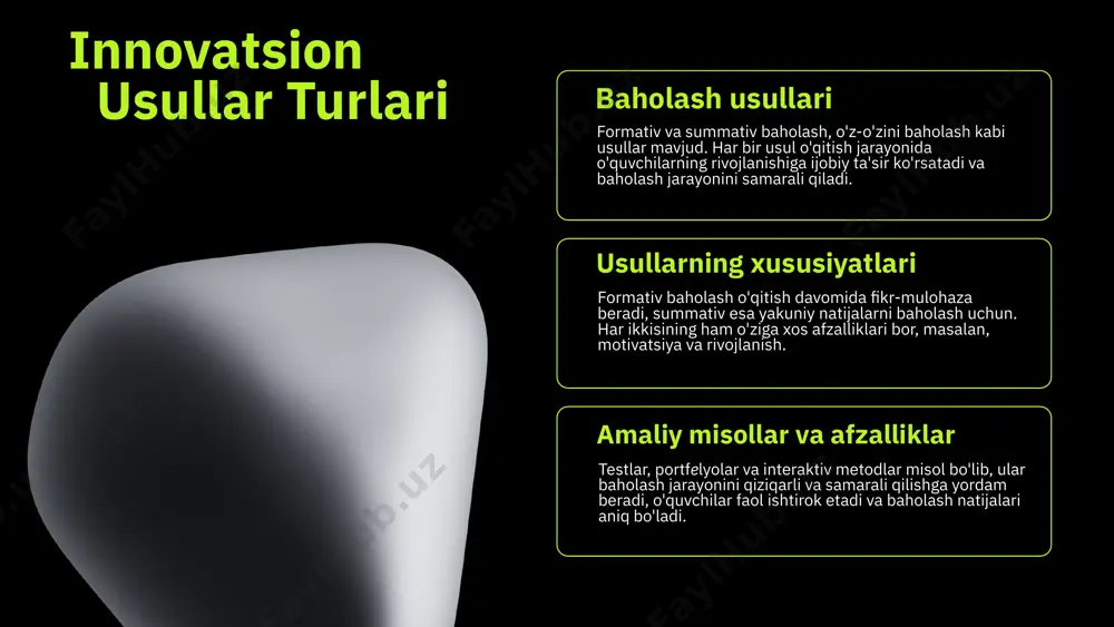 lgan adabiyotlar 1. murodov, a. ta’lim jarayonida innovatsion baholash usullari. o‘zbekiston milliy universiteti nashriyoti, 2020. 2. islomov, s. innovatsion baholash metodlari va ularning ta’lim sifatiga ta’siri. ta’lim va tarbiya jurnal, 2021. 3. qodirov, d. yangi yondashuvlar asosida baholashning zamonaviy metodlari. o‘zbekiston respublikasi ta’lim tizimi, 2019. 4. abdullayeva, s. innovatsion baholash usullari va ularni amaliyotga joriy etish. toshkent davlat pedagogika universiteti, 2022. 5. karimov, b. ta’limda innovatsion baholash: nazariya va amaliyot. o‘zbekiston ta’lim va ilm-fan markazi, 2023. e'tiboringiz uchun rahmat! image1.png image2.png image3.png image4.png image7.jpg image5.png image8.jpg image9.jpg image6.png