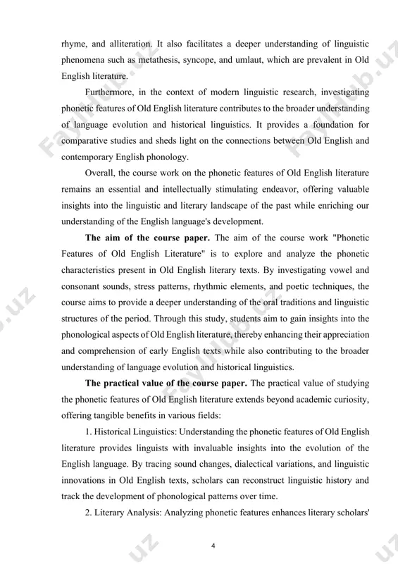 lture of germanic tribes who settled in britain during the early middle ages. despite the challenges of linguistic evolution and cultural transformation, old english literature endures as a testament to the creativity, resilience, and cultural identity of the anglo-saxon people. this essay explores the definition and scope of old english literature, examining its genres, themes, and contributions to the literary heritage of the english-speaking world.[footnoteref:2] [2: allen, c. (2000). the pre-old english sound system. university of michigan press] old english literature comprises a diverse array of genres, including epic poetry, heroic narratives, elegies, religious texts, and historical chronicles. these works were primarily composed in the old english language, a germanic language closely related to old frisian, old saxon, and old high german. the earliest extant manuscripts date back to the 8th century, with notable examples such as the epic poem "beowulf," the elegies "the wanderer" and "the seafarer," and the …