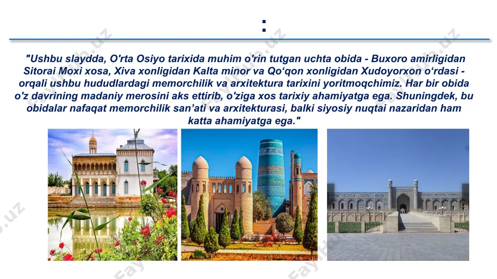 o‘ta aniq simmetriya bilan ajralib turadi. tilla suvi bilan qoplangan yuzalar va yorqin rang-barang naqshlar esa saroyga hashamatli ko‘rinish bag‘ishlagan. usta shirin murodovning nafis bezaklarida tabiatni tasvirlovchi gullar, barglar va islimiy naqshlar uyg‘unlik bilan ishlatilgan. bu elementlar saroyni nafaqat nafis san’at namunasi, balki sharq me’morchiligidagi innovatsiyalar ramziga aylantirgan. bezagi va muvozanatli detallar orqali sitorai mohi xosa o‘sha davrning boy madaniyati va estetik qarashlarini o‘zida mujassamlashtirgan. usta shirin murodovning merosi va etirofi: saroydagi oq zal, xususan, uning eng muhim ijodiy asarlaridan biri hisoblanadi. ushbu zal devorlari o‘ymakor ganch naqshlari bilan qoplangan bo‘lib, ularga oyna bo‘laklari mahalliy va xorijiy uslublarning uyg‘unligini ko‘rsatgan holda joylashtirilgan. naqshlarda takrorlanish yo‘qligi ustaning betakror dizayn qobiliyatini tasdiqlaydi. saroyning ichki bezaklari ham sharq va g‘arb uslublarining noyob kombinatsiyasini aks ettiradi. saroyning tarixiy va madaniy ahamiyati sababli u 1927-yilda san'at va hunarmandchilik muzeyiga aylantirildi. bugungi kunda saroyda xix–xx asrlarning turli xil buyumlari, jumladan, zargarlik mahsulotlari va oltin bilan ishlangan …