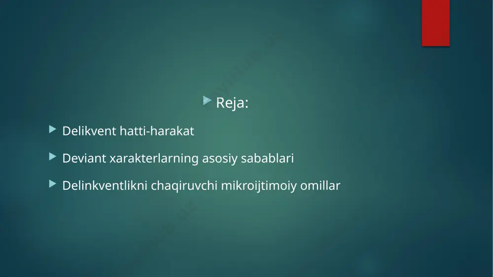 ik qilish, maktabga bormaslik yoki ta’lim olishdan bosh tortish, tajovuzkor axloq, g‘iybat qilish, yolg‘on, o‘g‘rilik, ta’magirlik kabi ko‘rinishlarda uchraydi delinkvent hatti - harakat - deviant harakatlardan farqli o‘laroq, ular vaziyat ta’sirida emas, balki assotsial harakatlarning quyidagi turlari mavjud: haqoratlash, xo‘rlash, azoblash va undan huzurlanish kabi agressiv bosqinchilik harakatlar; kichik o‘g‘riliklar, ta’magirlik, avtotransport va boshqada kerakli buyum va anjomlarni o‘g’irlash kabi moddiy foyda ko‘rishga qaratilgan o‘z shaxsiy mafaati yo‘lidagi xarakatlar. deviant xarakterlarning asosiy sabablari: bolalar, o‘smirlar va umuman ba’zi jamiyat a’zolarining jamiyat tan olgan me’yorlarga zid keluvchi hatti - harakatlarni namoyon etishi, bu birdaniga o‘z - o‘zidan bo‘ladigan hodisa emas. ya’ni o‘sha insonlarning shunday yo‘l tutishiga nimadir sabab bo‘ladi. ya’ni har bir fazilat o‘z tarixiga ega. insonning rivojlanishi bir - biri bilan uzviy bog‘liq bo‘lgan turli xil faktorlarga bog‘liq: irsiy, muhit, tarbiya, insonning shaxsiy amaliy faoliyati va h.k. delinkventlikni chaqiruvchi quyidagi mikroijtimoiy omillarni sanab o`tish mumkin: — bolalarning nozik g’amxo`rlik va …