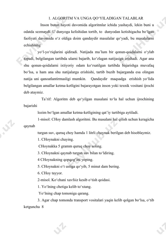 xs, 2-da esa yo‘lni kesib o‘tayotgan shaxs ijrochi hisoblanadi. shuningdek, ixtiyoriy dorilarni tayyorlash yo‘llari, ovqatlarni tayyorlash usullari, xakim belgilagan dorilarni iste’mol qilish, bankomyotdan pul olish kabi amallarni algoritm sifatida qabul qilish mumkin. algoritmlarga turli fan sohalaridagi masalalarni yechish yo‘llari ham kiradi. 3-misol: 20x y = ni 5 ta amal yordamida hisoblang. 1 x x а * : 1 = 2x hisoblandi 2 1 * 1 : a a a = 4x hisoblandi 3 2 * 2 : 3 a a a = 8x hisoblandi 4 3 * 3 : 4 a a a = 16 x hisoblandi 5 2 * 4 : a a y = 20x hisoblandi algoritmlarga quyidagi talablar qo‘yiladi : 1.boshlanishi va tugashi ko‘rsatilishi kerak. har qanday amal buyruq tarzida ifodalanishi shart. 3. har bir amal ijrochiga tushunarli bo‘lgan ko‘rinishda ifodalangan bo‘lishi shart. 4. har bir amalda qatnashayotgan o‘zgaruvchilarning qiymatlari oldindan aniqlangan bo‘lishi kerak. 5. har qanday …