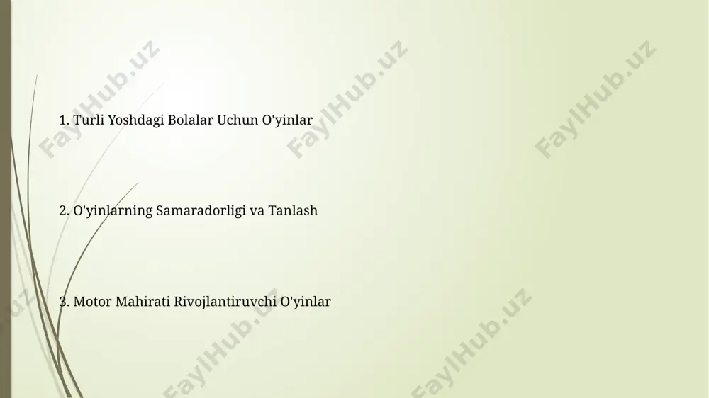tsiyasini rivojlantirishda yordam beradi, o'rtacha 10-15 ta harakatni sekundiga bajarishni talab qiladi. erta yoshdagi bolalar uchun o'yinlar yosh bolalar uchun "kubiklarni terish" o'yini 2-5 yoshdagi bolalarning nozik motorikasini, qo'l-ko'z muvofiqlashuvini va ranglarni farqlash qobiliyatini rivojlantiradi, 10 ta kubikdan foydalanish tavsiya etiladi. plastilin yoki xamirni ishlatish orqali bolalar 4-7 yosh oralig'ida barmoqlarning nozik motorikasini, xayolotini va fazoviy fikrlashini rivojlantiradilar; har xil shakllar yaratish 15 minut davom etishi mumkin. o'yinlarni tanlash va qo'llash masalalari o'yin jarayonida bolaning xavfsizligini ta'minlash, o'yinchoqlarning sifatini va yoshga mos kelishini nazorat qilish, shikastlanish xavfini kamaytirish uchun zarur bo'lgan qo'shimcha vositalarni ta'minlash lozim. o'yinlarni bolaning yosh xususiyatlari va rivojlanish darajasiga mos ravishda tanlash muhim, masalan, 2-3 yoshli bola uchun oddiy manipulyativ o'yinlar, 5-6 yoshli bola uchun esa murakkabroq, kichik motorikani talab qiladigan o'yinlar mos keladi. fazoviy fikrlashni rivojlantiruvchi o'yinlar "fazoviy fikrlashni rivojlantiruvchi o'yinlar" 3d puzzle'lar, masalan, rubik kubigi yoki boshqa geometrik shakllarni yig'ish orqali bolalarda 3 o'lchovli fazoviy …