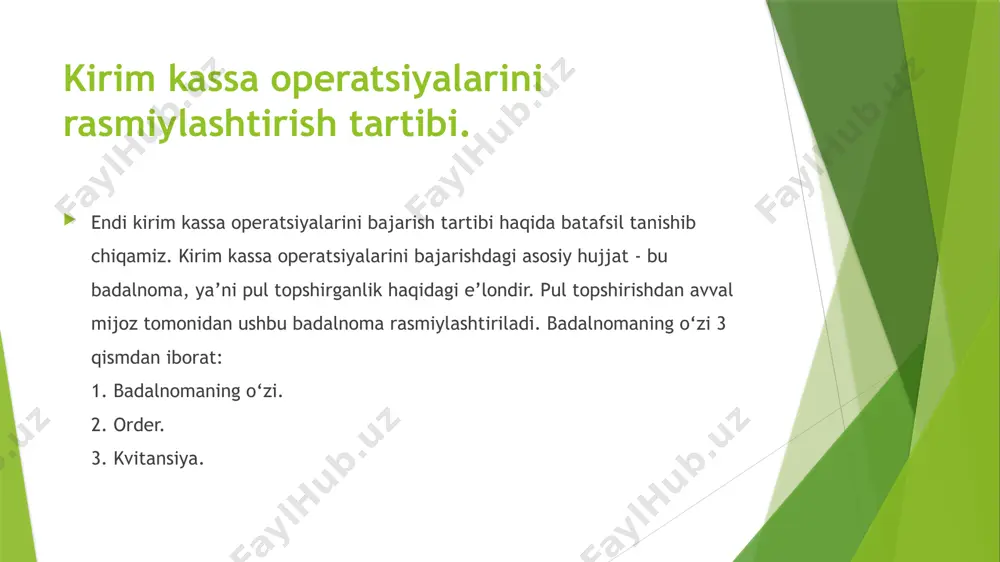a chekning nazorat markasini beradi. 3. mas‘ul ijrochi nazoratchiga pul chekini topshiradi. 4. nazoratchi hujjatni tekshiruvdan o‘tkazib, chiiqim kassa jurnalida undagi yozuvlarini qayd etgandan so‘ng pul chekini chiiqim kassa jurnali bilan birga kassaga uzatadi. 5. mijoz kassaga kelib kassirga pasporti va chekning nazorat markasini beradi. 6. kassir pul chekini va chiqim kassa jurnalidagi summani solishtiradi, ulardagi yozuvlarning mosligini tekshiradi va mijozga pulni sanab beradi. kassa kitobini yuritish va pulni saqlash tashkilotning barcha tushumlari va naqd pul berilishi kassa kitobida hisobga olinadi. har bir budjet tashkiloti budjet mablag'lari bo'yicha bitta kassa kitobini hamda budjetdan tashqari mablag'lar bo'yicha ham bitta kassa kitobini yuritadi, bu kitoblar varaqlari raqamlangan, ip o'tkazilgan va unga surg'uchli yoki mastikali muhr bosilgan bo'lishi lozim. kassa kitobidagi varaqlar soni mazkur budjet tashkilotining rahbari va bosh buxgalteri imzolari bilan tasdiqlanadi. budjet tashkilotlarida yoki budjet tashkilotlariga xizmat ko'r- satayotgan markazlashtirilgan buxgalteriyalarda kassa operatsiyalari hisobi kassir tomonidan o'zbekiston respublikasi moliya vazirligi tasdiqlagan …