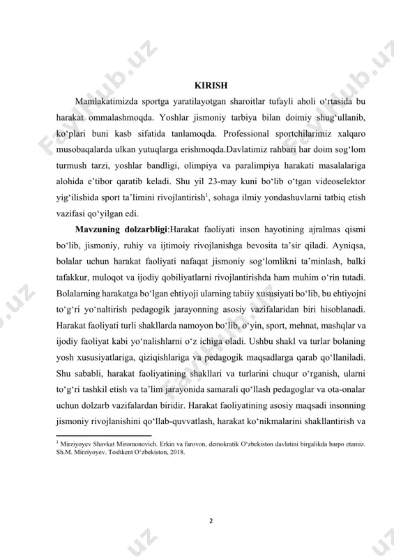 etish va ta’lim jarayonida samarali qo‘llash pedagoglar va ota-onalar uchun dolzarb vazifalardan biridir. harakat faoliyatining asosiy maqsadi insonning jismoniy rivojlanishini qo‘llab-quvvatlash, harakat ko‘nikmalarini shakllantirish va sog‘lom turmush tarzini targ‘ib qilishdan iborat. ayniqsa, bolalar uchun harakat faoliyati nafaqat jismoniy chiniqish, balki psixologik va intellektual rivojlanish uchun ham muhimdir. ushbu faoliyat bolalarning mushak kuchini oshirish, muvozanatni saqlash, harakat koordinatsiyasini rivojlantirish va umumiy jismoniy faolligini qo‘llab-quvvatlashga qaratilgan. bundan tashqari, harakat faoliyatining maqsadi bolaning mustaqillik, ijodiy tafakkur va ijtimoiy ko‘nikmalarini rivojlantirish bilan ham bog‘liq bo‘lib, ularning atrof-muhit bilan o‘zaro aloqasini kuchaytirishga xizmat qiladi. harakat faoliyati inson hayotining ajralmas qismi bo‘lib, uning jismoniy, aqliy va psixologik rivojlanishiga bevosita ta’sir ko‘rsatadi. ayniqsa, bolalar uchun harakat faoliyati ularning organizmini chiniqtirish, harakat koordinatsiyasini shakllantirish va ijtimoiy moslashuv jarayonida muhim rol o‘ynaydi. harakat faoliyatining shakllari va turlari turlicha bo‘lib, ularning har biri muayyan yosh davri va pedagogik maqsadlarga mos holda tashkil etiladi. harakat faoliyatining eng keng tarqalgan shakllaridan biri …