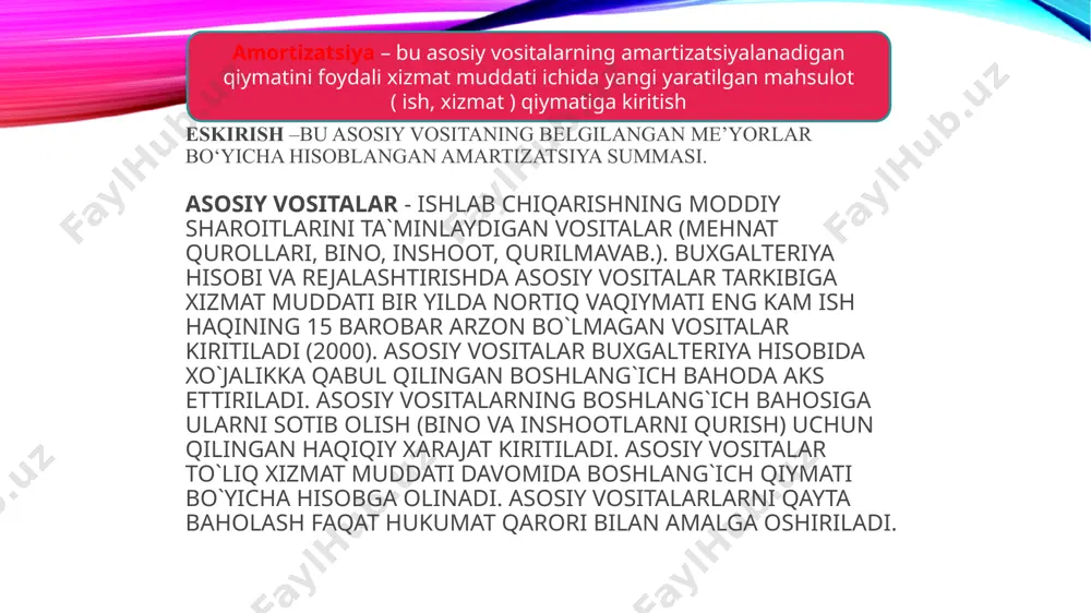 qoldiq qiymatini bir maromda kamayib borishini taqozo etadi. ushbu usulda avtomashinaning foydali xizmat muddati yillari bo‘yicha hisoblangan, jamlangan amortizatsiya (eskirish) summasi va qoldiq qiymati qo‘yidagicha yillar boshlan-g‘ich qiymat amorti-zatsiyala-nadigan qiymat amorti-zatsiya me’yori yillik amorti-zatsiya jamlan-gan amorti-zatsiya qoldiq qiymat 1 1000000 900000 20% 180000 180000 820000 2 1000000 900000 20% 180000 360000 640000 3 1000000 900000 20% 180000 540000 460000 4 1000000 900000 20% 180000 720000 280000 5 1000000 900000 20% 180000 900000 100000 yil-lar boshlan-g‘ich qiymat amorti-zatsiyala-nadigan qiymat ish hajmi, soat amorti-zatsiya me’yori, so‘m yillik amorti-zatsiya jamlan-gan amorti-zatsiya qoldiq qiymat 1 1000000 900000 2000 90 180000 180000 820000 2 1000000 900000 3000 90 270000 450000 550000 3 1000000 900000 2500 90 225000 675000 325000 4 1000000 900000 1500 90 135000 810000 190000 5 1000000 900000 1000 90 90000 900000 100000 bajarilgan ish hajmiga proporsional hisoblash usuli. ushbu usulda, avvalom bor, bir yillik ish hajmiga to‘g‘ri keladigan amortizatsiya (eskirish) summasi topib …