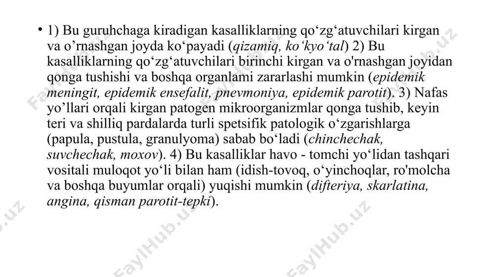 ,biopsiya qilingan to'qima va boshqalar) kiradi. silning alomatlari qanday silning rivojlanishida quyidagi alomatlar paydo bo'ladi: yo'tal, quvvatsizlik, 37 – 37,5°s gacha tana haroratining ko'tarilishi, ko'p terlash, ko'krak qafasida og'riqlar, ishtahani pasayishi, vaznni yo'qotish, charchash . yo'tal – sil kasalligining eng ajralib turuvchi belgisi.u 2 haftadan ortiq davom etayotgan bo’lsa, albatta silga tekshiruvdan o’tishga yuborish kerak. sil kasaligining tashqi muhitga chidamliligi. u boshqa mikroblarga nisbatan tashqi muhitning turli taʼsirlariga juda chidamli boʻlib, oʻzining yashash va koʻpayish xususiyatlarini uzoq muddat davomida saklab qoladi. quruq hoddagi sil mikobakteriyasiga 36° haroratda taʼsir etilsa, u 180 kungacha, +70° qizdirilsa 7 soat davomida, oqar suvlarda 150 kun, koʻcha changida 10 kun ichida hayot kechirish va koʻpayish xususiyatlarini yoʻqotmaydi. ayniqsa, quyosh nuri tushmaydigan zax yerlarda uzoq muddat saqlanib qoladi. sil mikobakteriyalarining atrofmuhitda uzoq vaqt saqlanishi sil kasalligining idishtovoq, kiyimkechak, oʻrinkoʻrpa va boshqa orqali yuqish ehtimolini tugʻdiradi. silning ochiq va yashirin shakli farq qilinadi. silni davolash silni davolash …