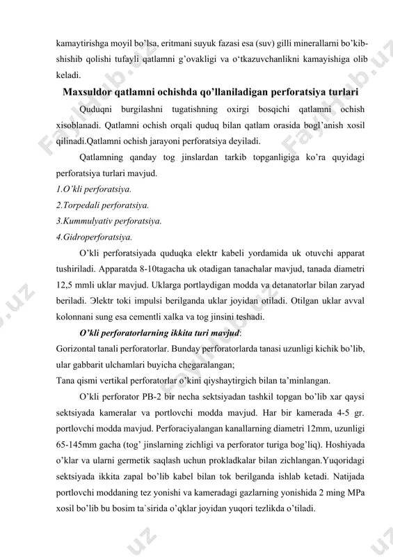ochish uchun zarur sharoitlarni ta’minlash mumkin, ikkinchisida buni hardoim amalga oshirib bo’lmaydi. agar qatlam etarli darajada qattiq bo’lmagan jinslardan iborat bo’lsa, o’nda uni mustaxkamlov tizmasi bilan byerkitish lozim. lekin suvli qatlamchalar mavjud bo’lmasa qatlam oralig’ida mustaxkamlov tizmasini cementlamaslik mumkin. bu holda ham quduq tubi konstro’qsiyasi ikkita variantga ega bo’ladi: 1-variant: quduq tanasi mustaxkamlash tizmasi bilan qatlamning ustki yuzasigacha mustaxkamlanadi, so’ngra maxsuldor qatlam burg’ilab ochilib xvostovik bilan byerkitiladi. xvostovikning quvurlari teshilgan yoki teshilmagan bo’lishi mumkin. xvostovikli burg’ilash quvurlari tizimida tushiriladi (8.5.v-rasm). 2-variant: maxsuldor qatlam yuqorida yotgan qatlamlar bilan birgalikda ochiladi, so’ngra quduqqa ekspluatasion tizma tushiriladi va manjet usuli bilan sementlanadi. bo’nda sement yeritmasi tizmadagi qatlamning ustida joylashgan maxsus teshiklar orqali chiqadi. tizmaning pastki qismi teshilgan yoki teshilmagan bo’lishi mumkin (8.5.g -rasm). biroq quduq tubining ushbu konstro’qsiyasi keng tarqalgan xisoblandi. bo’nda quduqning buto’n kesimi ekspluatasion tizma bilan mustaxkamlanadi va boshmok orqali sementlanadi (8.5.d-rasm). bu konstro’qsiyaning ikkinchi modifikasiyasida quduqqa xvostovik tushirilib sementlanadi (8.5.e-rasm). …