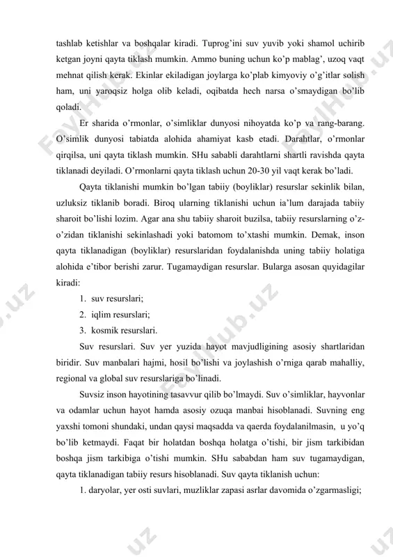 o, okean suvlari ham neftь hamda turli chiqindilar ta’sirida o’zining suvlari ham neftь hamda turli chiqindilar ta’sirida o’zining tabiiy xususiyatini yo’qotadi. bu hol esa hayvonlar va o’simliklar hayotini xavf ostida qoldiradi. chuchuk (toza) suv miqdori yer sharida nihoyatda ko’p. ammo yer sharining ko’pgina joylarida uning miqdori kamaygan. bu joylarda ekin maydonlarini sug’orish, kommunal ehtiyojlar sanoat xom ashyolari, ichish uchun toza suv yetishmaslik hollari sezilmoqda. joylarda toza suvlarning kamayishiga sabab faqat unga bo’lgan talabning oshganligi bo’lmasdan, suv keladigan daryolarning, ko’llarning o’rmonlar kesilishi natijasida qurib qolishi va inson faoliyati natijasida suvning ifloslanishi kabi hollar ham sababchidir. toza suv masalasi yildan-yilga eng muhim muammolardan biri bo’lib qolmoqda. ifloslangan suv ichish uchun yaroqsiz bo’lib, u hatto tirik organizmlar uchun xavfli bo’lib qoladi. shu sababdan undan ratsional foydalanish, uning tozaligini saqlash va muhofaza qilish hozirgi vaqtda eng muhim masalalardan biri hisoblanadi. respublikamiz yillik yuza suv resurslari 99,5 km3 ga teng bo’lib uning faqat 12,2 km3 …