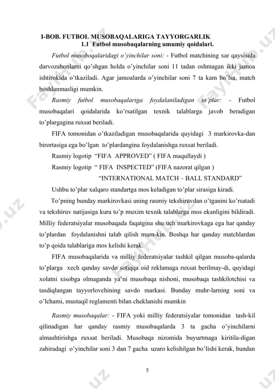 uxsat beriladi. musobaqa nizomida buyurtmaga kiritila-digan zahiradagi o’yinchilar soni 3 dan 7 gacha uzaro kelishilgan bo’lishi kerak, bundan ortiq bo’lishi mumkin emas. boshqa matchlarda zahira almashti-rilishi mumkin shu shart bilanki, jamoalar almashinadigan o’yinchilarning maksimal sonini o’yin oldidan kelishib oladilar. hakam bu haqda match boshlanishidan oldin xabardor qilinishi kerak. agar hakam xabardor qilinmagan bo’lsa yoki (kelishuv) futbol musoboqa boshlangunga qadar bir bitimga kelinmagan bo’lsa uchtagacha zaxira uyinchisini almashtirishga ruxsat beriladi. har qanday futbol musoboqasi boshlanishidan oldin hakamga zaxiradagi o’yinchilar familiyasi ismi taqdim etilishi kerak. shu usulda familiyasi va ismi qaydnomada ko’rsatilmagan o’yinchilar matchda qatnasha olmaydilar. asosiy o’yinchilarni zaxiradagi bilan almashtirish shartlar - doimo mo’ljallangan almashtirish haqida hakamning xabari bo’lishi kerak. - zaxiradagi o’yinchi faqatgina asosiy o’yinchi maydondan chiqqandan so’ng hakam xushtagidan keyin maydonga chiqadi. - zaxiradagi o’yinchi o’yin to’xtatilganda faqat o’rta chiziqdan o’yin maydoniga kiradi. - zaxiradagi o’yinchi maydonga chiqqandan so’ng almashtirish tugallangan xisoblanadi. - shu vaqtdan boshlab zaxiradagi o’yinchi asosiy …