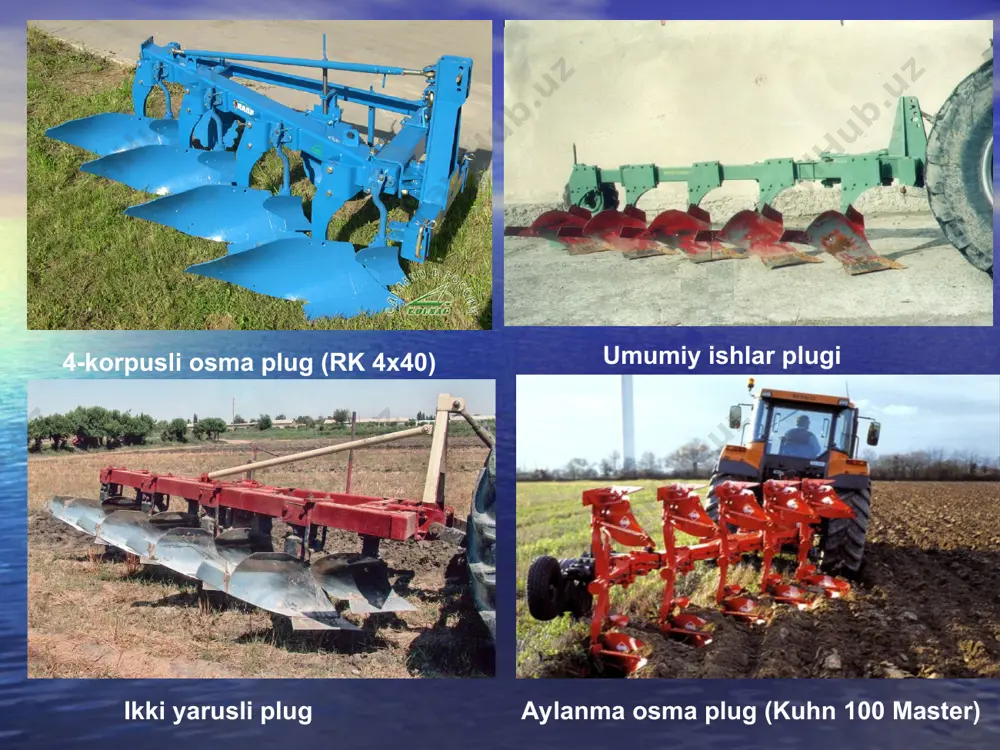 hоq teshiklar; 6-richag; 7-plug to’sini; 8- bоsqich; 9-shtоk; 10-ustun; 11-ko’ndalang to’sin; 12- markaziy tоrtqi ulanadigan teshik. pluglarga оid klaster tuzish pluglar ishlash jarayoniga ko’ra turlari ishchi organlari agregatlanishi lemeh тirkalma osma yarim tirkalma korpus yuza yumshatkich pluglar umumiy ishlarga mo’ljallangan pluglar chimqirqar maxsus pluglar plug yordamchi qismlari ramani ko’tarib- turish mеxanizmlar gildiraklar tirkagich yoki osgich pnеvmatik ilgakli yassi kurama mеtal qattiq turg’unli avtomat osgich bir nuqtali osgich mеxanik uch nuqtali osgich ikki nuqtali osgich gidravlik rama saklagichdan yakka guruxli darsliklar va o’quv qo’llanmalar ro’yhati asоsiy a.xamidоv. qishlоq xo’jalik mashinalarini lоyixalash. tоshkent, 1994 m.shоumarоva, t.abdillaev. qishlоq xo’jaligi mashinalari. tоshkent, o’qituvchi, 2002. f.m. mamatov. qishlоq xo’jaligi mashinalari. tоshkent, fan, 2007. 339 bet. m.shоumarоva, t. abdillaev. g’alla kоmbayni va paxta terish mashinalari. tоshkent, 2000 shоumarоva m, abdillaev t. qishlоq xo’jalik mashinalari. tоshkent, o’qituvchi, 2000 ustinov a.n. selskoxozyaystvennie mashini. moskva, urpo, “akademiya” 2000. 264 s. qo’shimcha matjonov r.d. raschet i otsenka kachestva xlopkouborochnix mashin. …