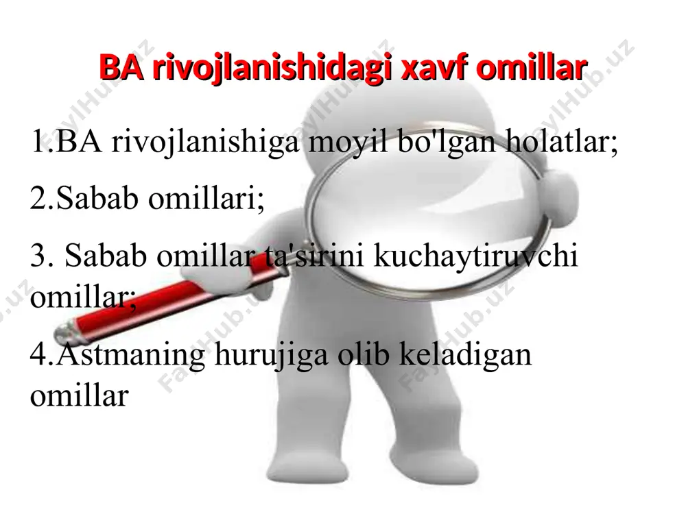o`pka atelektaz; pnevmotoraks; o`pka emfizemasi va b/k og`irlikni baholash quyidagilar inobatga olinadi: oylik, hafta va sutka davomidagi tungi hurujlar kunduzgi belgilarning hafta va kunlik miqdori bemorning jismoniy holati va uyqusi офв1 va псв sutka davomidagi o`zgarishlari ba klinika yengil intermitirlovchi astma: yengil kechadi, o'ziga xos aniq bir allergen ta`sirida yuzaga keladi, ba'zida mavsumiy nafas olish qiyinlishuvi epizodlari bilan tavsiflanadi, o'z-o'zidan yo'qoladi yoki bronxodilatatorni bir marta qo'llash bilan bemorning umumiy ahvoli yaxshilanib ketadi. yengil persistirlovchi huruj belgilari oyiga 1-3 marta uchraydi va bronxodilatatorning bir martalik dozasi bilan huruj to'xtatiladi. tungi simptomlar odatda yo'q yoki kam uchraydi. hurujlar jismoniy faoliyat va uyquga ta'sir qilishi mumkin. офв yoki псв ≥ 80% lozim bo`lgan ko`rsatkichdan псв yoki офв ning o'zgaruvchanligi 20-30% ni tashkil qiladi. o`rta-og`ir persistirlovchi nafas qisilishi huruji haftada bir martadan ko'proq takrorlanadi, lekin har kuni emas hurujlar jismoniy faoliyat va uyquga ta'sir qilishi mumkin. kechgi hurujlar haftada bir martadan ko'proq. qisqa ta'sirli …