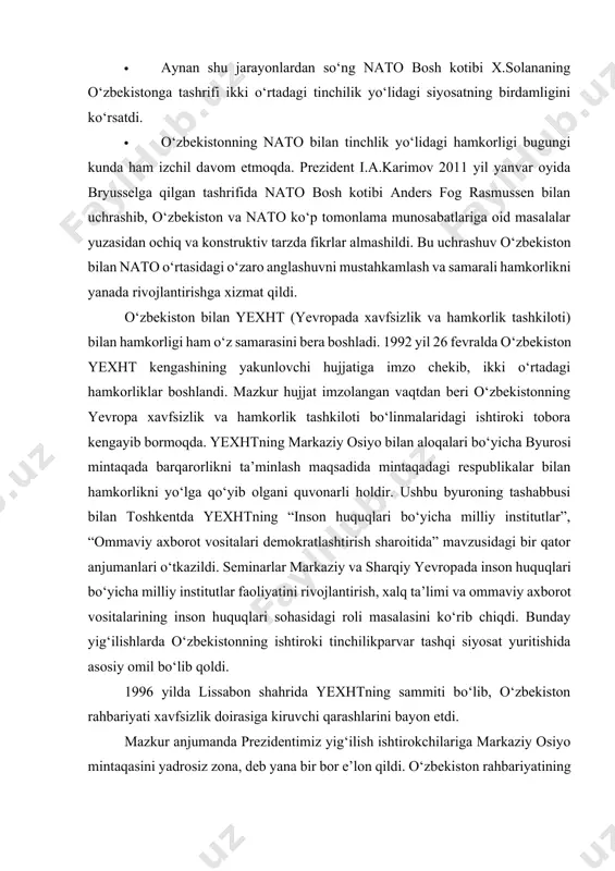ojlantirish, xalq ta’limi va ommaviy axborot vositalarining inson huquqlari sohasidagi roli masalasini ko‘rib chiqdi. bunday yig‘ilishlarda o‘zbekistonning ishtiroki tinchilikparvar tashqi siyosat yuritishida asosiy omil bo‘lib qoldi. 1996 yilda lissabon shahrida yexhtning sammiti bo‘lib, o‘zbekiston rahbariyati xavfsizlik doirasiga kiruvchi qarashlarini bayon etdi. mazkur anjumanda prezidentimiz yig‘ilish ishtirokchilariga markaziy osiyo mintaqasini yadrosiz zona, deb yana bir bor e’lon qildi. o‘zbekiston rahbariyatining mojarolar kuchayib borayotgan yerlarga qurol-yarog‘ yetkazib berishni to‘xtatish haqidagi fikri lissabon uchrashuvining yakunlovchi hujjatiga kiritildi. · 1999 yil 18-19 noyabr kunlari mazkur tashkilotga a’zo 54 mamlakat rahbarlarining turkiyaning istambul shahrida oliy darajadagi uchrushuvi bo‘lib, mazkur anjumanda ancha dolzarb muammolar, jumladan, yevropada xavfsizlik va hamkorlikni mustahkamlashning asosiy tamoyillari ishlab chiqilgan edi. yig‘ilishda o‘zbekiston rahbarining ma’ruzasi dunyo mamlakatlari iqtisodiy taraqqiyotini, fuqarolarning ijtimoiy turmush tarzini faqatgina xavfsizlik ta’minlagandagina amalga oshirish mumkinligiga qaratildi. o‘zbekiston prezidenti yig‘ilishda global ahamiyatga ega bo‘lgan terrorizmga qarshi markaz tuzish haqidagi taklifini kiritdi va turli qabih niyatdagilarga yordam berayotgan tishkilotlarni ildizi …