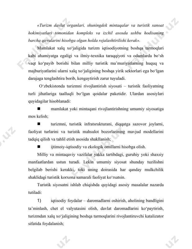 di: · xalqaro va ichki turizmning eng maqsadga muvofiq shakllari va turlarini tanlab olish. alohida mamlakatda yoki yirik mintaqada turizmning bir qancha shakllari va turlarini, ba’zi zonalar (rayonlar)da uning faqat bitta shaklini nazarda tutish mumkin. lekin, shunday sharoitlarda ham sifatli turizmni, ayniqsa qabul qiluvchi markazlar va rayonlarda, rejalashtirish lozim; · turizmning turlarini bozorning rivojlanishi darajasidan qat’i nazar, turistlarning keng doriasini jalb qila oladigan va atrof-muhit hamda jamiyat bilan (hatto unchalik katta bo‘lmagan iqtiosdiy foyda holatida ham) moslasha oladigan shakllariga mo‘ljallashtirish; · rivojlanishning yo‘l qo‘yiladigan darajasiga erishish, ya’ni turizmning rivojlanishini cheklash, uni o‘rta darajada ushlab turish yoki u iqtisodiyotning muhim sektorida aylanadigan darajada rag‘batlatirish; · rivojlantirish sur’atlarini tanlab olish – sekin, o‘rta yoki jadallashtirilgan. agar hatto turizmni tez rivojlantirish uchun barcha sharoitlar bo‘lganda ham rejalashtirishda bunday sur’atlarga to‘sqinlik qiluvchi holatlarni nazarda tutish kerak. buning uchun quyidagi chora-tadbirlar rejada nazarda tutilgan bo‘lishi lozim: · ijtimoiy (mahalliy aholi tomonidan faoliyatning yangi turlarini o‘zlashtirish, …