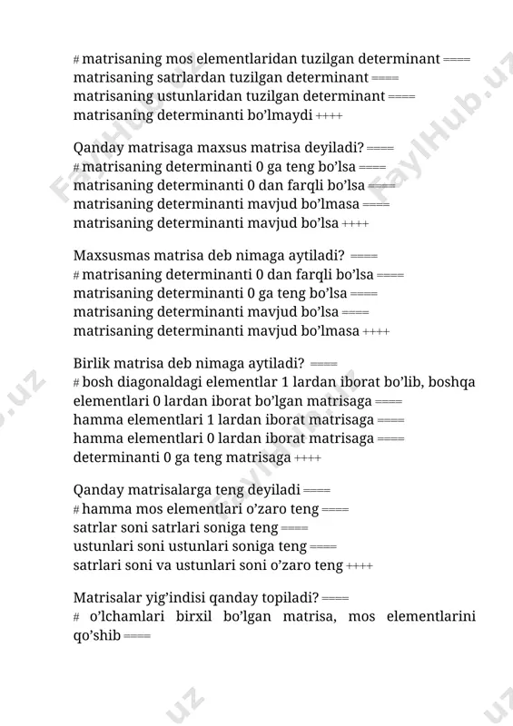r sistemasida birinchi noma’lum yechimini topish ++++ gauss usulining 2-qadami nimadan iborat? ==== # birinchi va ikkinchi tenglama o’zgarishsiz qoldirilib, qolganlaridan ikkinchi nomli(masalan, x2) noma’lumni yo’qotish t==== chiziqli tenglamalar sistemasida ikkinchi noma’lum yechimini topish ==== chiziqli tenglamalar sistemasida birinchi va ikkinchi noma’lum yechimini topish ==== chiziqli tenglamalar sistemasida 3-nchi noma’lum yechimini topish ++++ chiziqli tenglamalar sistemasi birgalikda va aniq bo’lsa, gauss usulida u qanday ifodalanadi? ==== # yagona yechimga olib keladi ==== cheksiz ko’p yechimga ega bo’ladi ==== yechimga ega bo’lmaydi ==== yechimga ega bo’lishi ham bo’lmasligi ham mumkin ++++ tekislikning umumiy tenglamasini toping ==== # ax ((by ((cz ((d ((0 ==== a(x ((x0 ) ((b(y ((y0 ) ((c (z ((z0 ) ((0 ==== a(x ((x0) ((b(y ((y0) ((c (z ((z0) ((0 ==== a(x ((x0) ((b(y ((y0) ((c (z ((z0) ((0 ++++ tekislikning ax ((by ((cz ((d ((0 umumiy tenglamasida d ((0 bo’lsa, uning fazodagi holati qanday bo’ladi? ==== # …