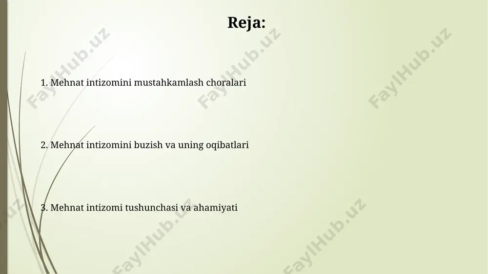 tib qoidalari (200 dan ortiq xodimga ega korxonalarda), ish grafigi va dam olish vaqtlari rejimini qat’iy belgilash va ularga rioya qilishni ta’minlash orqali mehnat intizomi mustahkamlanadi. xodimlar mehnat majburiyatlarini bajarishini nazorat qilish, qoidabuzarliklarni aniqlash va ularga nisbatan o‘z vaqtida, masalan, 3 kun ichida ta’sir choralarini ko‘rish – intizomni ta’minlashning muhim usuli. xodimning huquqlari va majburiyatlari xodim mehnat shartnomasi asosida ishlash, xavfsiz mehnat sharoitlariga ega bo'lish, vaqtida 100 foiz ish haqini olish huquqiga ega. mehnat kodeksining 5-moddasiga asosan bu huquqlar kafolatlanadi. xodimning huquqlari va majburiyatlari e'tiboringiz uchun rahmat @taqdimot_robot image1.jpg image2.jpg image3.jpg image4.jpg image5.jpg image6.jpg
