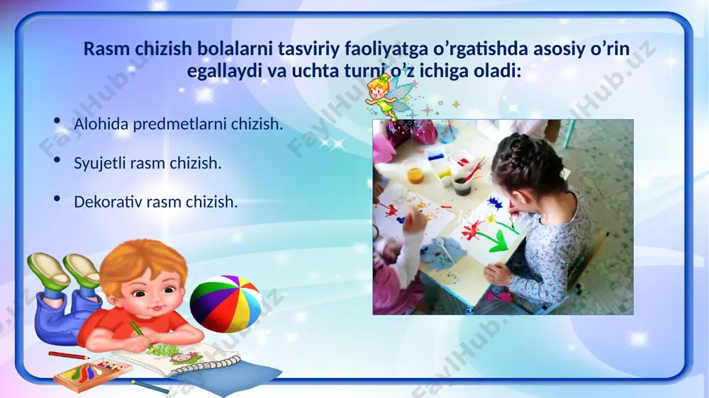 . syujetli tasviriy rasm chizishda predmetlarning bir-biridan ajratish uchun uning razmerini, fazodagi o’rinlariga qarab, predmetlarning katta yoki kichikligini o’rgatish kerak. maktabgacha yoshdagi bola uchun predmetlar orasidagi fazoviy munosabatlarni farqlay olish juda qiyin. dekorativ rasm chizish. dekorativ rasm chizish quyidagi umumiy vazifalarni o’z ichiga oladi: naqshning turlicha shakllarini bog’liq holda kompozitsion hisni bolalarda shakllantirish. rang qobiliyatlarini rivojlantirish. xalq amaliy san’atining stillarining farqlashga va ularning alohida element-larini bolalarning o’z ijodida foydalanishga o’rgatish. qalam va mo’yqalam bilan chizishning texnik ko’nikmalarini mustahkamlash. bolalarni dekorativ rasm chizishga o’rgatishda tarbiyachi ularda naqsh komponentlarining o’zaro bog’liqligini, rangini, kompozitsiyasini forma elementini ko’rishga o’rgatadi. dekorativ rasm chizishda rang qobiliyatining rivojlanishi asosiy masala bo’lib hisoblanadi. birinchi kichik guruhda o’rgatishning mazmuni va vazifalari. ikki yoshli bola qalam, mo’yqalamni to’g’ri ushlashi mumkin, lekin uning tajribalari kam, bajara olish va bilish qobliyatlari yo’q, qo’l harakatlari yetarlicha rivojlanmagan. bolalarga umumiy tarbiyaviy ta’sir qilish bilan bog’liqdir. birinchi kichik guruhda o’rgatishning vazifalari quyidagilar: rasm chizish jarayoniga …