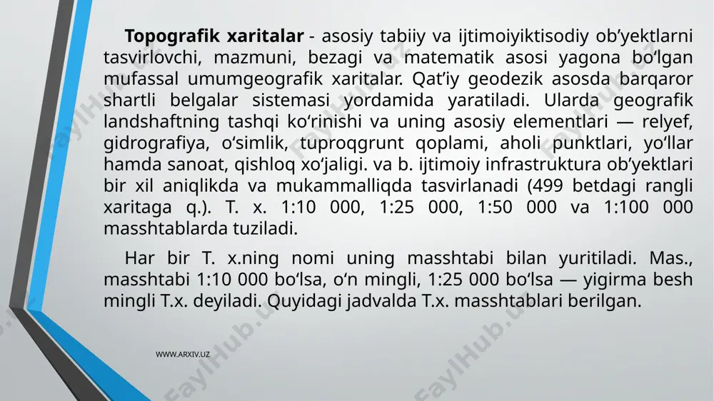 a tasvirlanadigan territoriya ma'lum kattalikdagi kismlarga bulinadi va ularning xar biri aloxida varak kogoz (list)da tasvirlanadi. xar bir varak topografik yoki obzortopografik karta merridian va parallerl chiziklar bilan chergaralanadi va trapertsiya shakliga ega buladi. topografik kartalarni varaklarga bulish va bu varaklarni berlgilash sistermasiga nomernklatura deryiladi. topografik kartalarning nomernklaturasi 1:1.000.000 masshtabdagi xalkaro kartaning nomernklaturasiga asoslangan. xalkaro nomernklatura sistermasi 1909 yilda london va 1913 yilda parij shaxrida utkazilgan xalkaro gerografik kongrersslarda kabul kilingan. bu sistermaga kura 1: 1.000.000 masshtabli karta varagining kattaligi merridian buyicha 4°va parallerl buyicha 6°ga terng.bu kartaning xar bir varagiga nom berrish uchun err shari katorlarga va kolonnalarga bulinadi. ekvatorga parallerl kilib xar 4°dan kutblarga tomon parallerllar utkazib -katorlar, 180°merridiandan boshlab xar 6° dan merridianlar utkazilib esa - kolonnalar xosil kilinadi. katorlar ekvatordan kutblarga tomon latin alfavitining bosh xarflari (a dan z gacha bulgan xarflar) bilan, kolonnlar esa 180°li merridiandan boshlab arab rakamlari bilan (g dan 60 gacha) berlgilanadi. …