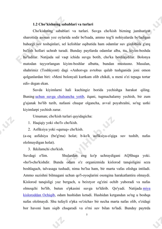 'ilib (asfiksiya bo'lib) o'lib qoladi. iflos, xlor konsentrasiyasi ko'p, kimyoviy moddalar, eritma zarrachalari bor bo'lgan qumli suvda hambo'g'ilib cho'kish hollari kuzatilgan. bunday cho'kkan odamniyag rangi oqarib ketadi. cho'kishning bu turi ko'pincha (5-20 foizgacha) bolalar va ayollar o'rtasida uchraydi. sovuq (16 dan past) suvda cho'milgan kishi sovuqlik shoki yuz berishi natijasida cho'kib ketishi mumkin. ma'lumki, odam sovuk suvga tushganida teridagi qon tomirlar torayadi. qon tana yuzasidan ichki a'zolarga kochib ketadi va shuning uchun ularning faoliyati anchagina tezlashadi. bu esa moddalar almashinuvining ortishiga, oksidlanish jarayonishshg tezlashishiga, binobarin, issiqlik hosil bo'lishining ko'payishiga olib keladi. yurak faoliyati ham ancha tezlashadi. shuyaing uchun qonning tomirlar bo'ylab harakatlanishi kuchayadi, teriga juda ko'p iligan kon keladi va teri yuzasi qattiq sovub ketmaydi. agar odam uzoq-vaqt sovuq suvda cho'milsa, yoki sovuk suvga tushib ketsa, dastlabki paytda yuragini «to'xtab qolganday» his etadi. chunki yurak faodiyati bir necha sekundgacha nihoyatda sekinlashib qoladi. teri reseptorlaridan boshlangan intensiv impzls katta yarimsharlar po'stlog'iga …
