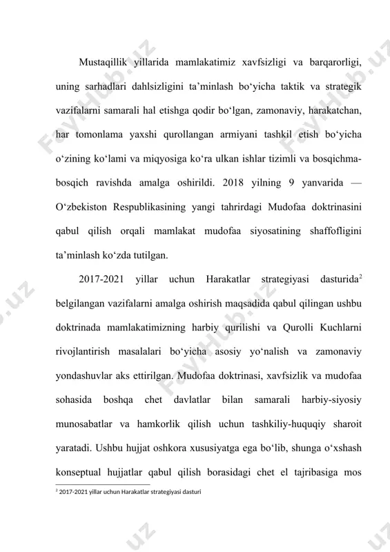 ish; xalqaro harbiy va harbiy-texnikaviy hamkorlikni rivojlantirish. amalga oshirilgan va oshirilayotgan keng ko‘lamli islohotlar samarasi o‘laroq qurolli kuchlarimiz bugungi kunda, [footnoteref:5] [5: shamsutdinov r.qishloq fojeasi: jamoalashtirish, quloqlashtirish, surgun“, toshkent, 2003.] o‘zbekiston respublikasi prezidenti shavkat mirzieyov ta’biri bilan aytganda, "jamiyatimizning ajralmas bir qismiga, mamlakatimiz barqarorligi va taraqqiyotining kafolatiga, harbiy xizmatchilar va yoshlarni harbiy-vatanparvarlik ruhida tarbiyalashning muhim institutiga aylanmoqda". shu bilan birga, mintaqamiz va butunjahondagi bugungi murakkab, tez o‘zgarayotgan harbiy-siyosiy vaziyat, ayniqsa, afg‘onistondagi istiqboli ancha mavhum bo‘lgan hozirgi holat bilan bog‘lik tarzda xavfsizlikka qarshi real va ehtimol tutilayotgan xavf-xatarlarning kuchayib, narkoagressiya, xalqaro terrorizm, ekstremizm va boshqa tahdidlarning miqyosi tobora kengayib borayotgani qurolli kuchlarimizning harbiy tayyorgarligi va jangovar qobiliyatini muttasil oshirish. shavkat mirziyoevning prezident xuzuridagi xavfsizlik kengashining 2018 yilning 10 yanvarida bo‘lib o‘tgan kengaytirilgan tarkibdagi majlisidagi nutqida mamlakatimiz qurolli kuchlari tizimidagi islohatlarning istiqbollariga to‘xtalib, kuyidagilarni alohida ta’kidladi: "ayni paytda butun dunyoda, jumladan, yon-atrofimizda xalqaro terrorizm, ekstremizm va radikalizm xavfi tobora ortib bormoqda, ayrim …
