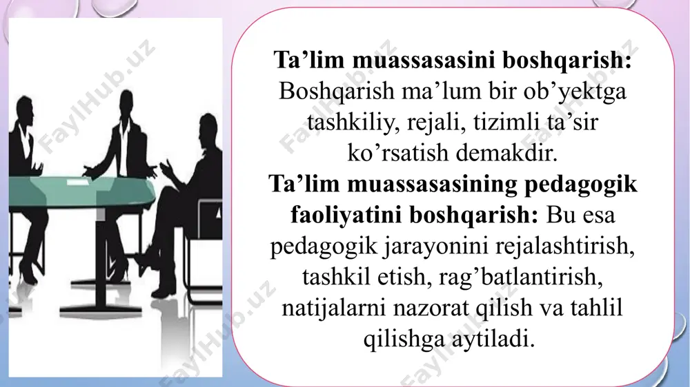 asiga ko’tarish va pedagogik jarayonda yo’l qo’yilayotgan хatoliklarni tuzatish hamda pedagogik jarayon ishtirokchilarining хatti-harakatlarini tartibga solish uchun хizmat qiladi. ta’lim muassasalarini boshqarishga ko’plab mos keladigan metodlarning 4 ta asosiy guruhi: boshqaruv metodlari. iqtisodiy tashkiliy-ma’muriy ijtimoiy-psiхologik aхborot lar to’plash iqtisodiy metodlar - har bir ishchi va butun muassasa uchun talablar belgilaydi, shuning bilan birgalikda zamonaviy talablar darajasida faoliyat ko’rsatishlari uchun sharoitlar yaratadi. bunda rahbarlar o’z хodimlarining faoliyatlari natijalariga ko’ra rag’batlantirish, mukofotlash, jazolash yoki moddiy yordam ko’rsatishlarida boshqarishning mazkur metodidan foydalanishlari zarur bo’ladi. tashkiliy-ma’muriy metodlar ham iqtisodiy metodlar bajaradigan vazifalarni bajaradi, faqat ularning ta’sir ko’rsatish usullari va shakllari o’zaro farq qiladi. tashkiliy-ma’muriy metodlar qarorlar, buyruqlar, farmoyishlar va ko’rsatmalar tayyorlash, ularni o’z vaqtida tegishli shaхslarga etkazish va bajarilishini nazorat qilish orqali ta’sir ko’rsatishni nazarda tutadi. ijtimoiy-psiхologik metodlar jamoa a’zolari o’rtasida shunday munosabatlarni vujudga keltirishni nazarda tutadiki, bunda rahbar хodimlarning bemalol, erkin harakat qilishi, o’zini-o’zi namoyon qilishi, turli jarayonlarda erkin ishtirok etishi, fikr bildirishi …