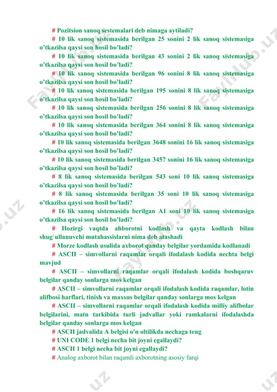 ? # 10 lik sanoq sistemasida berilgan 25 sonini 2 lik sanoq sistemasiga o’tkazilsa qaysi son hosil bo’ladi? # 10 lik sanoq sistemasida berilgan 43 sonini 2 lik sanoq sistemasiga o’tkazilsa qaysi son hosil bo’ladi? # 10 lik sanoq sistemasida berilgan 96 sonini 8 lik sanoq sistemasiga o’tkazilsa qaysi son hosil bo’ladi? # 10 lik sanoq sistemasida berilgan 195 sonini 8 lik sanoq sistemasiga o’tkazilsa qaysi son hosil bo’ladi? # 10 lik sanoq sistemasida berilgan 256 sonini 8 lik sanoq sistemasiga o’tkazilsa qaysi son hosil bo’ladi? # 10 lik sanoq sistemasida berilgan 364 sonini 8 lik sanoq sistemasiga o’tkazilsa qaysi son hosil bo’ladi? # 10 lik sanoq sistemasida berilgan 3648 sonini 16 lik sanoq sistemasiga o’tkazilsa qaysi son hosil bo’ladi? # 10 lik sanoq sistemasida berilgan 3457 sonini 16 lik sanoq sistemasiga o’tkazilsa qaysi son hosil bo’ladi? # 8 lik sanoq sistemasida berilgan 543 soni 10 lik sanoq sistemasiga o’tkazilsa …