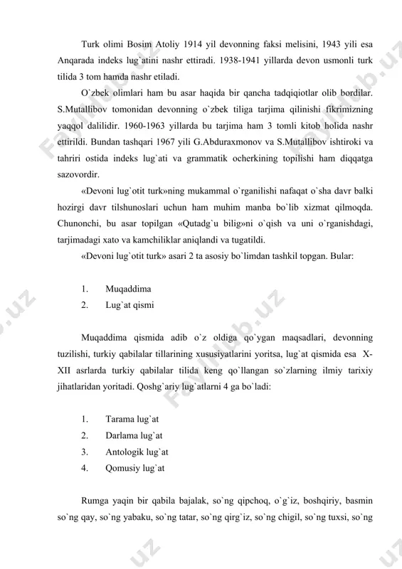so`ng yabaku, so`ng tatar, so`ng qirg`iz, so`ng chigil, so`ng tuxsi, so`ng yagma, so`ng igrak, so`ng taruq, so`ng jumul, so`ng uyg`ur, so`ng tungut, so`ng xitoy... so`ngra tavgach deydi. va turkiy qabilalarning chatishuvi va aralashuvi natijasida o`g`iz, chigil va qipchoq tillari gruppalaridagi tillar so`ngra umumiy tillar vujudga kela boshlaganini ko`rsatadi. bundan tashqari qoshg`ariyning qabrlari, ularning bir-biriga munosabati va tillari to`g`risida aniq ma`lumotga qarab, y-j; m-b; t-d; ga o`tishi bilan xarakterlanishi, o`sha davrdanoq qipchoq, tuman yagmo tillarida «ch» fonemasining yo`qligi, uning o`rnida «sh» ishlatilganligini ko`rsatadi. bu xususiyat ayni paytda qozoq, qoraqalpoq va kugay tillariga xos xususiyatdir. shunday qilib, «devoni lug`otit turk» asari orqali x-xii asrlarda chindan cheshdan o`rta osiyoga bo`lgan katta hududda yashagan turkiy qabilalarning tillari, so`zlashuvi va dialekt xususiyatlarini o`rganishimiz mumkin degan xulosaga kelish o`rinlidir. mahmud qoshg`ariy o`z asarlarida morfologiya, leksika va dialektologiya bilan bir qatorda fonetikaga ham katta e`tibor qaratadi va tillarni turlicha ekanligini qiyoslash jarayonida nihoyatda muhim faktlarni bayon etadi. …
