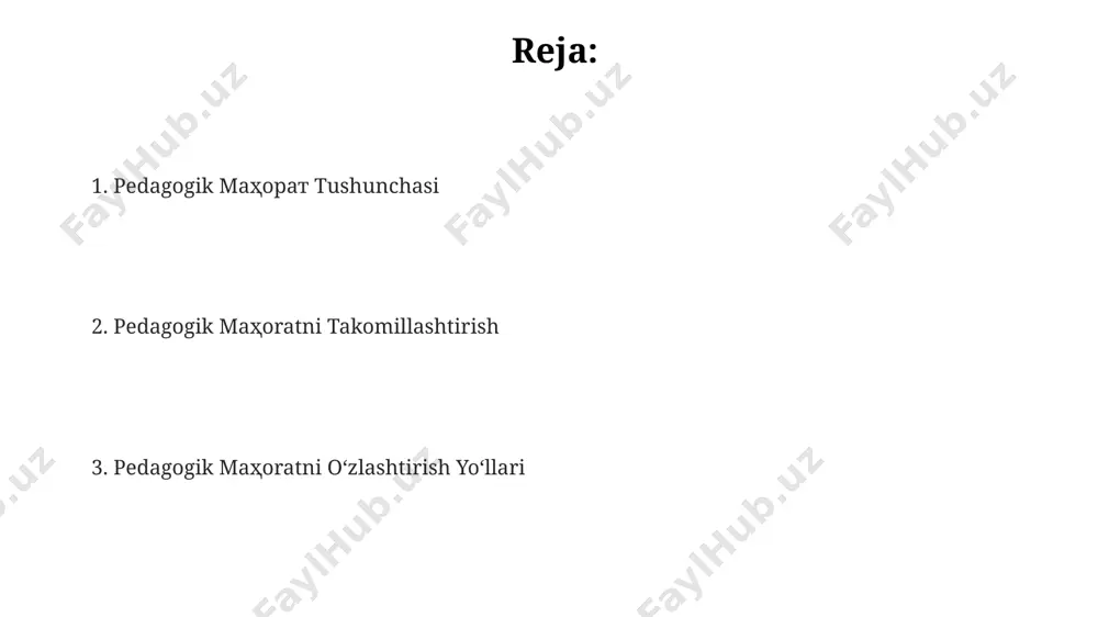 shlash, o'qitish strategiyasini moslashtirish va yangi texnologiyalarni qo'llash qobiliyatini o'z ichiga oladi. pedagogik mahoratni rivojlantirish yo‘llari zamonaviy texnologiyalar, jumladan, onlayn platformalar va ta'lim resurslaridan muntazam foydalanish o'qituvchining pedagogik mahoratini 15% ga takomillashtirish imkonini beradi. pedagogik mahoratni rivojlantirishda 5 dan ortiq turdagi o'quv materiallaridan (video, audio, interfaol darsliklar) foydalanish o'qitish samaradorligini 20% ga oshirishi mumkin. o'qituvchilarning o'zaro tajriba almashuvi va 3-5 kishidan iborat professional guruhlarda o'tkaziladigan o'z-o'zini baholash pedagogik kompetensiyalarni rivojlantirishga yordam beradi. zamonaviy pedagogik texnologiyalar masofaviy ta'lim texnologiyalari, jumladan, onlayn testlar va vebinarlar, talabalarga 24/7 kirish imkoniyatini taqdim etib, o'zlashtirish darajasini 15% ga oshiradi. zamonaviy pedagogik texnologiyalar, masalan, o'yinlashtirish (gamification) usullari, o'quv jarayonini 30% ga samaraliroq qilish imkonini beradi va talabalarning motivatsiyasini oshiradi. interfaol o'quv dasturlari va platformalardan foydalanish, o'quv jarayonini individualizatsiya qilishga va 5-7 ta turli o'quv uslubiga moslashishga yordam beradi. o‘qituvchining o‘z ustida ishlashi pedagogik mahoratini oshirish uchun o‘qituvchi yiliga kamida 2 ta professional rivojlanish kurslarida qatnashib, 10 …
