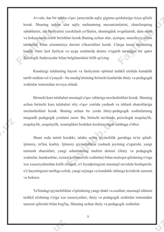 tushishiga olib keladi. shuning uchun ilmiy-pedagogik xodimlar mutaxassislikni o’zlashtirish jarayonini, ularning istiqbollari va ahamiyatini tushuntirishlari kerak. ta'lim mazmunini modulli qurishga o'tish o'quv fanining umumiy mavzusiga bo'ysunadigan har xil turdagi va shakllarini birlashtirishni nazarda tutadi. har bir kontent moduli uchun ma'lumotnoma va illyustrativ materiallar to'plami shakllantirilib, talaba o'qishni boshlashdan oldin oladi. tavsiya etilgan adabiyotlar ro'yxati ham kiritilgan. har bir talaba o‘quv materialini o‘zlashtirib, joriy nazorat bosqichlaridan o‘tib, bir kontent modulidan ikkinchisiga o‘tadi. sirtqi ta’lim (zfo) talabalariga kelsak, ular asosan semestr davomida materialni mustaqil o‘rganadilar, ya’ni ma’ruza, shuningdek, seminar, amaliy va laboratoriya mashg‘ulotlari mavzularini mustaqil ishlab chiqadilar. ular uchun har bir semestr boshida orientatsiya mashg‘ulotlari o‘tkaziladi, unda ma’ruzalar o‘qiladi va ayrim seminarlar, amaliy va laboratoriya mashg‘ulotlari o‘tkaziladi. ilmiy-pedagogik xodim yo'naltirish sessiyasi davomida dfd talabalarini o'quv fanini o'rganishning dolzarbligi, maqsadi va vazifalari, uning kasbiy tayyorgarlikdagi o'rni, roli va ahamiyati bilan tanishtirishi, o'quv fanining umumiy hajmini aniqlashi shart. joriy semestr uchun bo'limlar va mavzular …