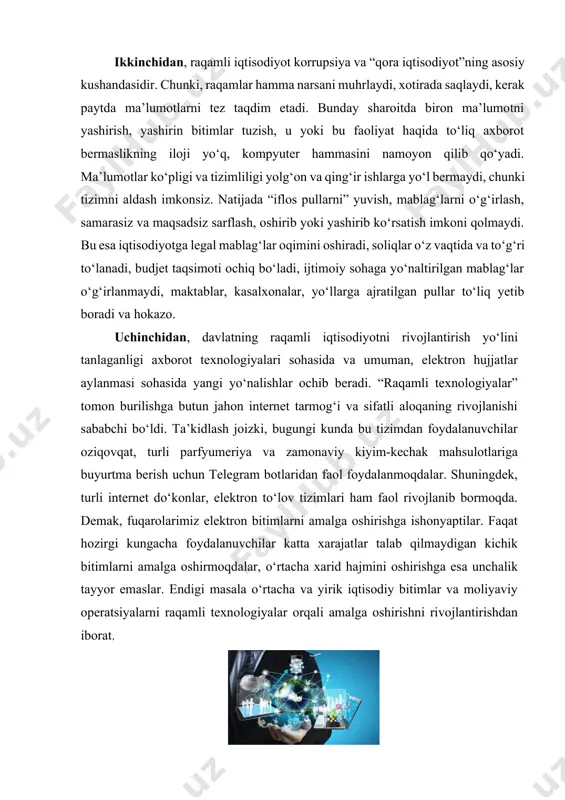 oizki, bugungi kunda bu tizimdan foydalanuvchilar oziqovqat, turli parfyumeriya va zamonaviy kiyim-kechak mahsulotlariga buyurtma berish uchun telegram botlaridan faol foydalanmoqdalar. shuningdek, turli internet do‘konlar, elektron to‘lov tizimlari ham faol rivojlanib bormoqda. demak, fuqarolarimiz elektron bitimlarni amalga oshirishga ishonyaptilar. faqat hozirgi kungacha foydalanuvchilar katta xarajatlar talab qilmaydigan kichik bitimlarni amalga oshirmoqdalar, o‘rtacha xarid hajmini oshirishga esa unchalik tayyor emaslar. endigi masala o‘rtacha va yirik iqtisodiy bitimlar va moliyaviy operatsiyalarni raqamli texnologiyalar orqali amalga oshirishni rivojlantirishdan iborat. iqtisodiy axborot - bu iqtisodiy jarayonlarning holati va borishini aks ettiradigan o'zgartirilgan va qayta ishlangan ma'lumotlar to'plami. iqtisodiy ma'lumotlar iqtisodiy tizimda aylanib, moddiy ne'matlar va xizmatlarni ishlab chiqarish, taqsimlash, almashtirish va iste'mol qilish jarayonlariga hamroh bo'ladi. iqtisodiy ma'lumotni boshqaruv ma'lumotlarining navlaridan biri sifatida ko'rib chiqish kerak. iqtisodiy informatika predmeti bu texnologiya, iqtisodiy ma'lumotlardan foydalangan holda axborot jarayonlarini avtomatlashtirish usullari. iqtisodiy informatika vazifasi informatikaning nazariy asoslarini o'rganish va iqtisodiy ma'lumotlarni qayta ishlash uchun amaliy tizimlar va …