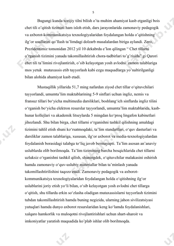 izimida masofaviy ta’lim tushunchasi kirib keldi. biz ham universitet talabasi sifatida masofaviy ta’lim imkoniyatlarini o’rgangan holda bugun oldimizda turgan ’’ chet tillarini masofaviy o’qitishda interfaollik muammosi” mavzusidagi bitiruv malakaviy ishimizni yoritib berishga harakat qilamiz. mavzu yuzasidan izlanishlar davomida ko’plab ingliz, o’zbek, ingliz va rus tillaridagi ilmiy hamda badiiy adabiyot va qo’llanmalardagi mavzuga aloqador ma’lumotlarni bir joyga yig’ishga erishdik. ilmiy ish darajasiga ko’tarilgan har bir mavzu fanda ko’ndalang turgan muhim savollarga javob bo’lishi mumkin. ushbu bitiruv malakaviy ishi uchun tanlangan mavzu ham ta’lim sohasining deyarli ochilmagan qirralaridan biridir. bu mavzu yuzasidan ko’plab ilmiy ishlar qilingan bo’lishi mumkin, ammo masofaviy ta’lim va chet tillarini masofaviy o’qitishda interfaollik muammosi masalasiga kam qo’l urilgan. zero mavzuning dolzarbligi ham ana shunda. ma’lumki masofaviy ta’lim tizimidan dunyo xalqlari keng miqyosda foydalaniladi. izlanishda ta’lim tizimida masofaviy ta’lim imkoniyatlaridan kengroq foydalanilmaganli, chet tillarini o’qitishda zamonaviy texnologiyalarning xizmatlari kengroq yoritilmaganligi, chet tillarini masofaviy o’qitishda interfaol usullardan foydalanish qulayliklari va …