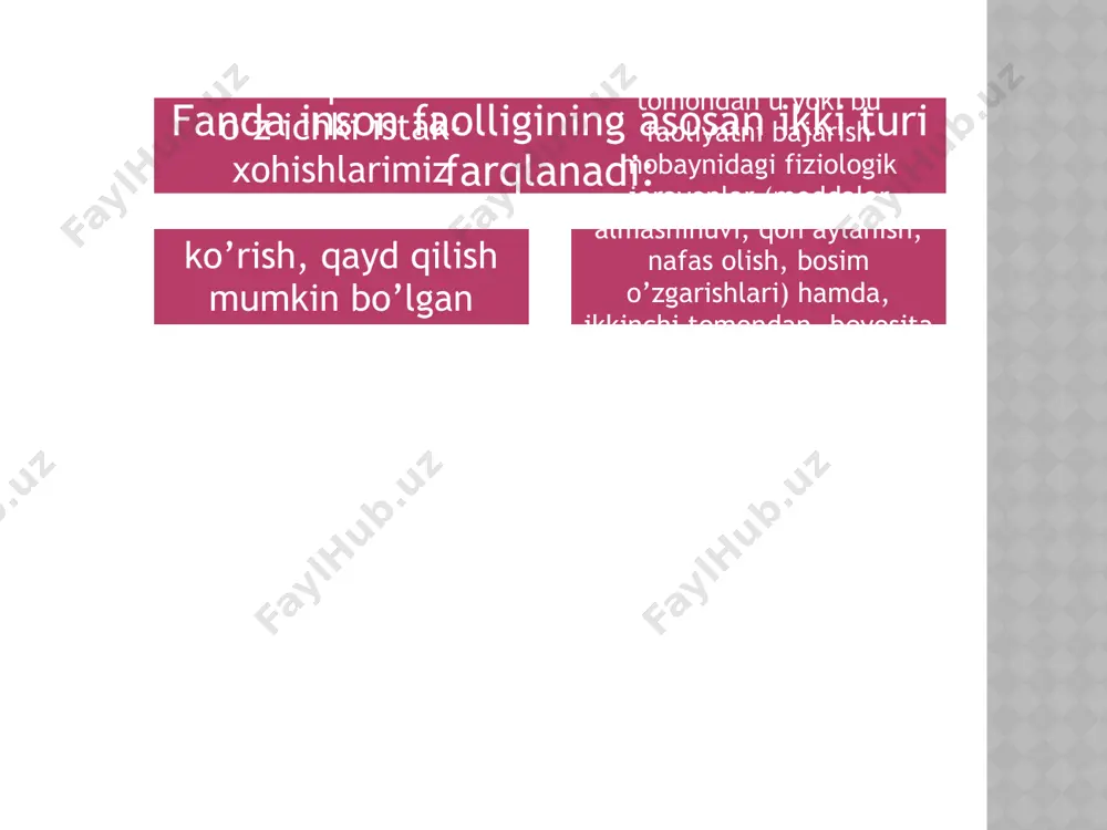 alki ham ichki (psixik), ham tashqi (predmetga yo’naltirilgan) harakatlarni ongli tarzda bajarish bilan bog’liq murakkab jarayonlar yotishini unutmaslik kerak. lekin har bir shaxsni u yoki bu faoliyat turi bilan shug’ullanishiga majbur qilgan psixologik omillar-sabablar muhim bo’lib, bu faoliyat motivlaridir. image2.jpeg image1.jpeg /docprops/thumbnail.jpeg