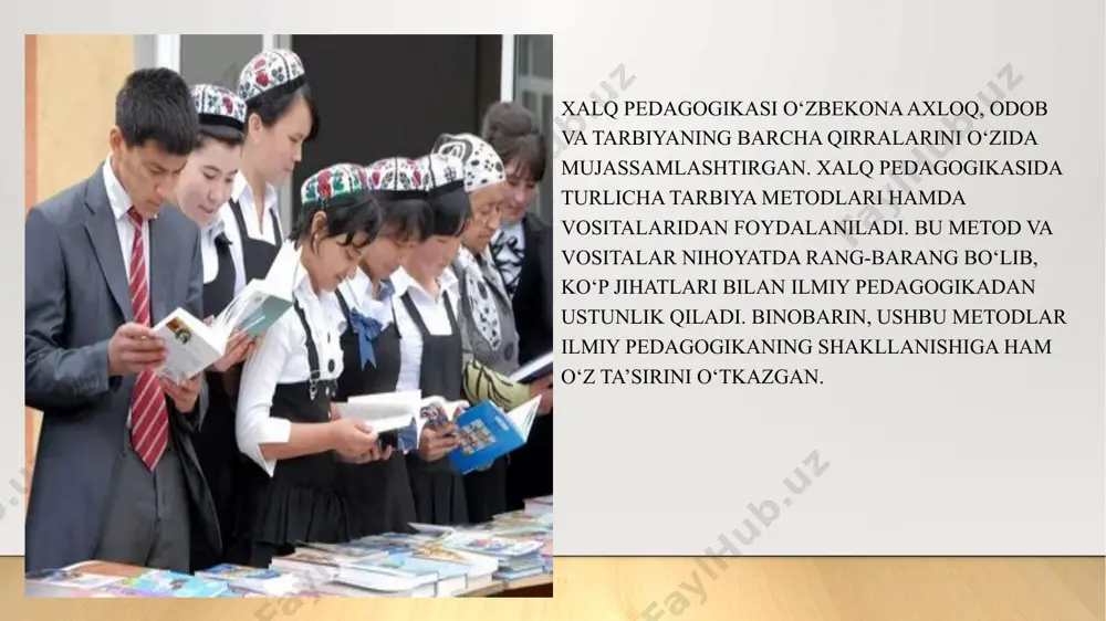 e’yorlar, jamiyatda ustuvor o‘rin tutuvchi ijtimoiy munosabatlar, jamoa orasida o‘zini tutish qoidalari va boshqalar); b) estetik mavzular (tabiat go‘zalligi, shaxslararo munosabatlar, inson go&amp;apos;zalligi); d) siyosiy mavzular (davlatning ichki va tashqi siyosati, dunyo voqealari, xalqaro munosabatlar va boshqalar); e) ta’lim va bilishga oid mavzular (koinot, hayvonot va o‘simliklar dunyosi, elektronika va boshqalar). suhbat quyidagi mavzularda uyushtirilishi mumkin: suhbatlarning, shuningdek, ijtimoiy-foydali mehnatni tashkil etish, huquqiy, ekologik, iqtisodiy va gigiyenik mavzularda ham tashkil etilishi o'zining ijobiy natijalarini beradi. suhbat davomida o‘quvchilarga ularning o‘z fikrlarini erkin ifoda etishlari hamda mustaqil fikrlashlariga imkon beruvchi savollar bilan murojaat qilish juda muhimdir. bu borada bahs-munozaralarning ahamiyati katta. hikova. o‘quvchilar odatda hayot va turli adabiyotlardan olingan aniq misollar bilan boyitilgan hikoyalarni katta qiziqish bilan tinglaydilar. ularga axloq me’yorlari, xalq o‘tmishi, tabiiy boyliklar, qahramonlar hayoti va jasorati, shuningdek, tarix, adabiyot va san’at haqida hikoya qilib berish mumkin. badiiy adabiyot namunalari, shuningdek, ommaviy axborot vositalari — radio, televideniye, gazeta va …