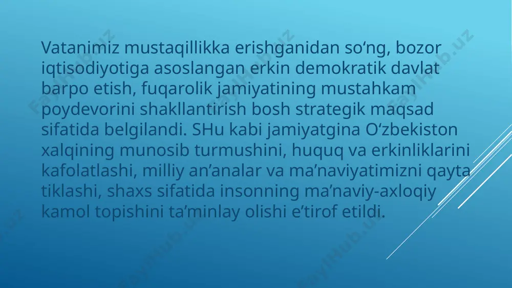 lq-atvori davlatning xohish-irodasiga bo‘ysunuvchi xalq hokimiyati jabhasi shu tushunchalar bilan ifodalandi. huquqiy davlatni fuqarolik jamiyati rivojlanishining natijasi va uning o‘zini-o‘zi yanada takomillashtirishi omili deb hisoblash mumkin. huquqiy davlatchilikning shakllanish jarayoni, hech shubhasiz, ancha uzoq vaqt davom etadi. u fuqarolik jamiyati shakllanishi bilan birga takomillashib boradi. har bir davlatda bo‘lganidek, huquqiy davlat hokimiyatining suverenligi ham mamlakat ichida uning barcha fuqarolarga va ular tashkil etuvchi nodavlat tashkilotlariga nisbatan ustunligida va undan tashqarida davlatning tashqi siyosatni yuritish, boshqa davlatlar bilan munosabatlar o‘rnatishda va mustaqilligida namoyon bo‘ladi. yetuk fuqarolik jamiyatisiz huquqiy demokratik davlat qurish mumkin emas, chunki ongli erkin fuqarolargina kishilik jamiyatining eng oqilona shakllarini yaratishga qodirdirlar. shunday qilib, fuqarolik jamiyati erkin individ va markazlashgan davlat xohish-irodasi o‘rtasida bog‘lovchi bo‘g‘in hisoblansa, davlatning vazifasi parchalanish, tartibsizlik, tanglik, tanazzulga qarshi ish ko‘rish, erkin shaxsning huquq va erkinliklarini ro‘yobga chiqarish uchun shart-sharoitlar yaratishdan iborat. fuqarolik jamiyatining xavfsizligi (jamoat xavfsizligi) quyidagi ko‘rsatkichlar bilan tavsiflanishi mumkin: ijtimoiy adolat; davlat …