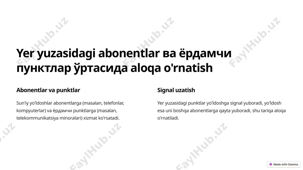 рсларини ўрганишда sun'iy yo'ldoshларнинг ўрни 1 qishloq xo'jaligi erning holatini kuzatish va hosilni prognoz qilish. 2 tabiiy ofatlarni prognoz qilish zilzilalar, suv toshqinlari va boshqa tabiiy ofatlarni o'z vaqtida aniqlash. 3 er resurslarini boshqarish o'rmonlar, suv havzalari va boshqa er resurslarini monitoring qilish. 7 келажакда sun'iy yo'ldosh aloqa tizimларининг ривожланиш imkoniyatlari 5g 5g tezkor va yuqori sifatli internetga kirish imkonini beradi. ai ai sun'iy intellekt yordamida aloqa tizimlarini optimallashtirish. iot iot narsalar interneti orqali aloqa tizimlarini yanada kengaytirish. 8 image1.png image2.png image3.png image4.png image5.png image6.png image7.png image8.png image9.png image10.png image11.png