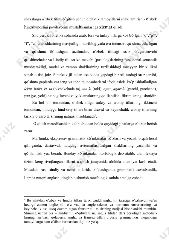 ayni paytda morfologik va sintaktik ko`nikmalar fikrni ifodalash jarayonining funksional sathida alohida e`tiborga loyiqdir. jumladan, qo`sh​ma gapda zamon shakllarini yoki turli tipdagi gaplarni dialogik va monologik kabi turli nutqlarda to`g`ri qo`llash zarurdir. bu sath muqobil nutq ko`nikmalarida o`z aksini topadi. bundan tashqari, bu yerda o`qitish vositasi sifatida metatilning o`rni ham ahamiyatlidir. masalan, hindiy tilini o`zbek tili muhitida o`qitish jarayonida ikkitillik - o`zbekcha-ruscha yoki ruscha-o`zbekcha turlarning bo`lishi mu​him​dir. bunda hindiy tilida otlar va fe`llarning yasalishida analitik element​larning ko`pligi bilan birga flektiv (fuziya va agglyuti​natsiya) tuzilmalari ham katta o`rin tutadi. o`zbek tilida esa agglyutinativ elementlar ko`proq bo`lib, rus tilida fuziya shakllari ko`pchilikni tashkil etadi. shuning uchun hindiy tilini o`qitishda qiyosiy metoddan foydalanib, hindiy tili faktlarini goh o`zbek, goh rus tili bilan qiyoslash zarurdir. masalan, sodda gapning sintaktik jihatdan tuzilishi qoidalarini o`rganayot​ganda o`zbek tiliga murojaat qilish samarali bo`ladi, kelishik paradigmasi masalasiga yondashganda esa (ya`ni vositali shakl yasalishi) hindiy tili qoida​larini rus tili bilan …