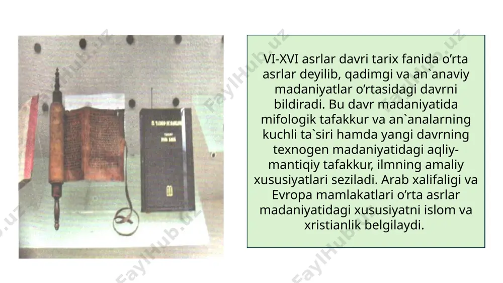 arliklar orqasida «gumanizm» deb nomlanuvchi yangi g’oya shakllandi. bu nom inson haqidagi yangi dunyoviy fandan (studia humanitatis) kelib chiqqan bo’lib, ilgarigi «ilohiyat haqidagi fanni» (studio divinus) asta-sekin siqib chiqardi. insonparvarlik g’oyasi quyidagi xususiyatlarga ega: 1.tabiat qonunlarini -»tabiiy-muvofiq» tamoyili asosida tushuntirishga asoslanish; 2.insonni muammolar markazi qilib olish (antroposentrizm) – insonga tabiatning toji sifatida qarash; 3.aqliy tafakkur (ratsionalizm)- inson idrok va zakovat orqali atrof muhitni, o’z-o’zini biladi deb hisoblash; o`rta asr sharqi madaniyatida tabaqaviy submadaniyatlar emas, ikki yirik madaniyat-shahar va ko’chmanchilar madaniyati ajralib turadi. o’rta asrlarda umum e`tirof qilgan ahloqiy me`yorlarning mustahkamlanishi umuminsoniy hulq va ahloq mezonlarini ishlab chiqishda katta ahamiyatga ega bo’ldi. uyg’onish davri madaniyati yaratgan asosiy qadriyatlar keyingi asrlar yevropa madaniyati asosini belgiladi. uning keng rivojlanishi natijasida xvii asrda «ilmiy inqilob», xviii asrda ma`rifatparvarlik g’oyalarining tarqalishi va sanoat inqilobi boshlanishiga, nihoyat, xix-xx asrlar davomida madaniyatning klassik texnikaviy shaklidagi yutuqlarga olib keldi. foydalangan adabiyotlar nishanova z.t. mustaqil ijodiy fikrlashni rivojlantirishning psixologik …