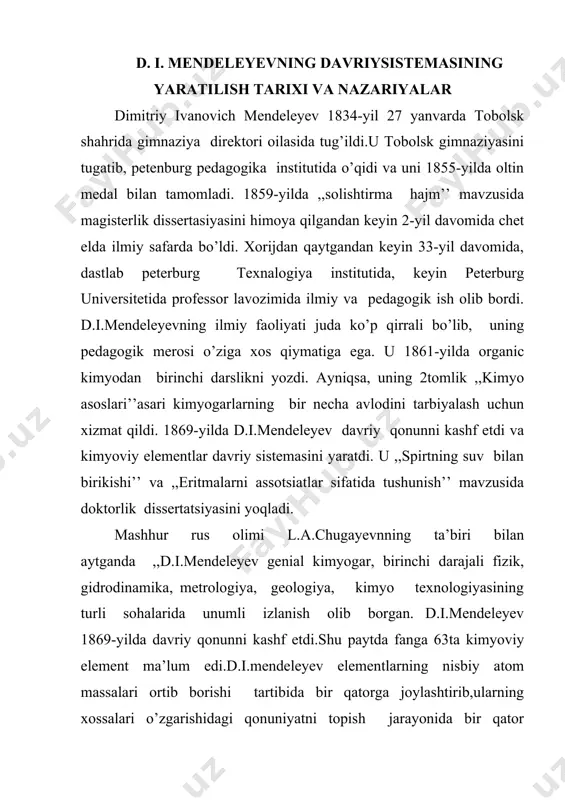 arga duch keladi.mendeleyev davriyqonunnikashf etishda bir qancha xatoliklarni to’g’irlagan.d.i.mendeleyev elementlarni ularning nisbiy atom massalarining ortib borishiga qarab ketma-ket joylashtirdi.elementlar qatoridagi dastlabki ikki elementdan biri vodorod bo’lib, u metalmas, ikkinchi element ham metalmas, ammo inert gaz vabu ikki element orasiga biror elementni joylashtirishning iloji yo’q ekanligiga ishonch hosil qilasiz.tartib raqami jihatidanuchinchi element litiy, ishqoriy metal.uning oksidi li2o va gidro oksidi lioh asos xossasiga ega. berelliy amfoter xossasiga ega.chunki uning oksidi va gidroksidi ham kislota, ham ishqor eritmalari bilanreaksiyaga kirishib tuz va suv hosil qiladi.beshinchi element-bor metalmas element. uning oksidi –b2o3. u kislotali oksid bo’lib ,unga ortoborat kislota –h3bo3 muvofiq keladi . bor elementida metallmaslik xossalari kuchliroq bo’lib , keyingi elementlarda tipik metallik xossasi o’rniga metallmaslik xususiyati kuchayib boradi .navbatdagi oltinchi ekement – uglerodda metallmaslik xossalari borga nisbatan kuchliroq .uning oksidi –co2 kislotali oksid bo’lib ,unga karbonat kislota muvofiq keladi. navbatdagi yettinchi element –azotda metallmaslik xossasi uglerodga nisbatan ancha kuchli .sakkizinchi va …